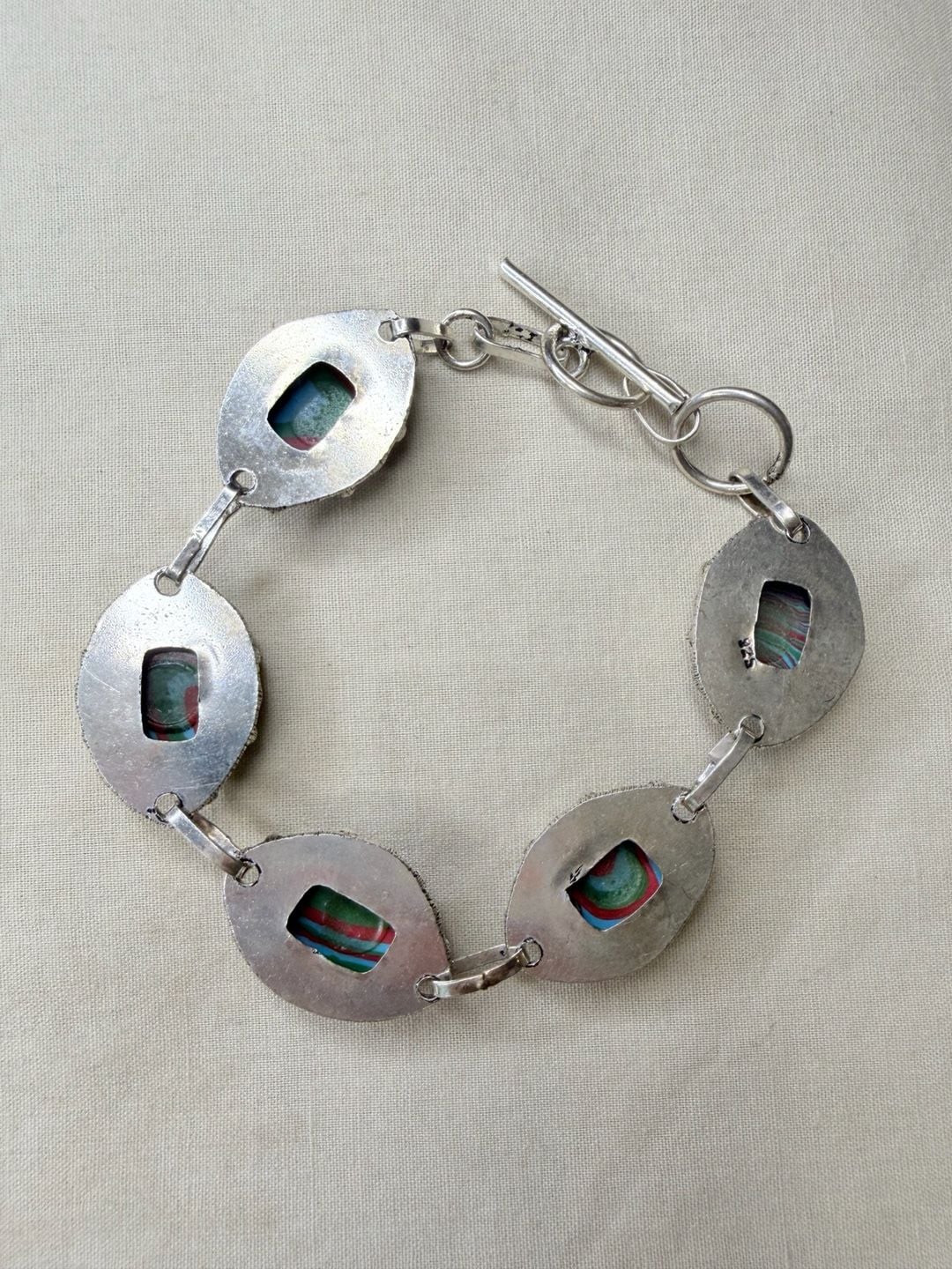 Artisan Sterling Silver 925 Multi Color Swirl Stone Toggle Bracelet 6