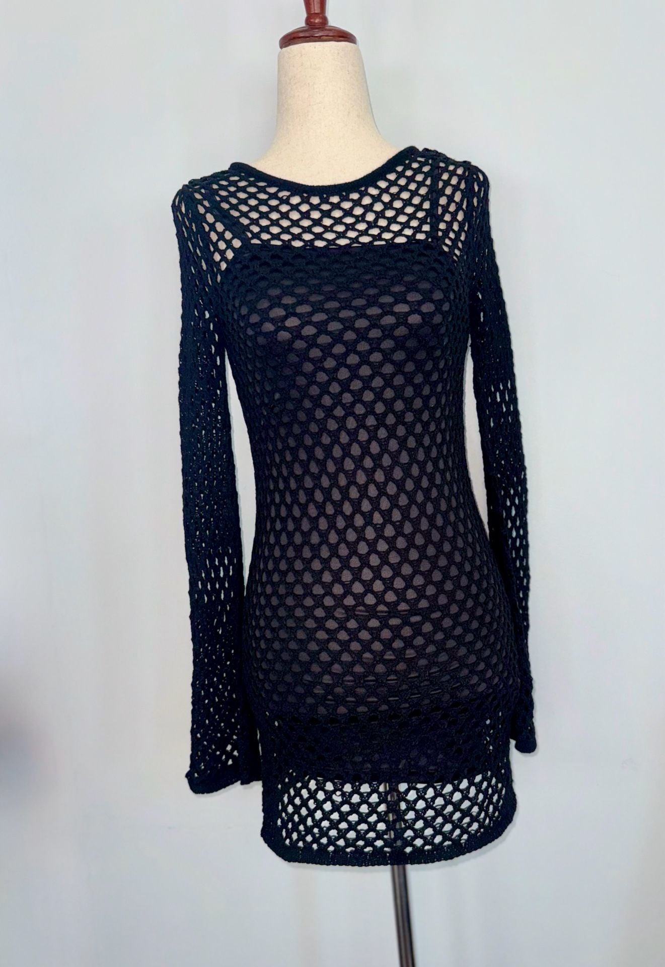 Pull&Bear Crochet Dress Size XS Black Open Knit Mini Dress 4