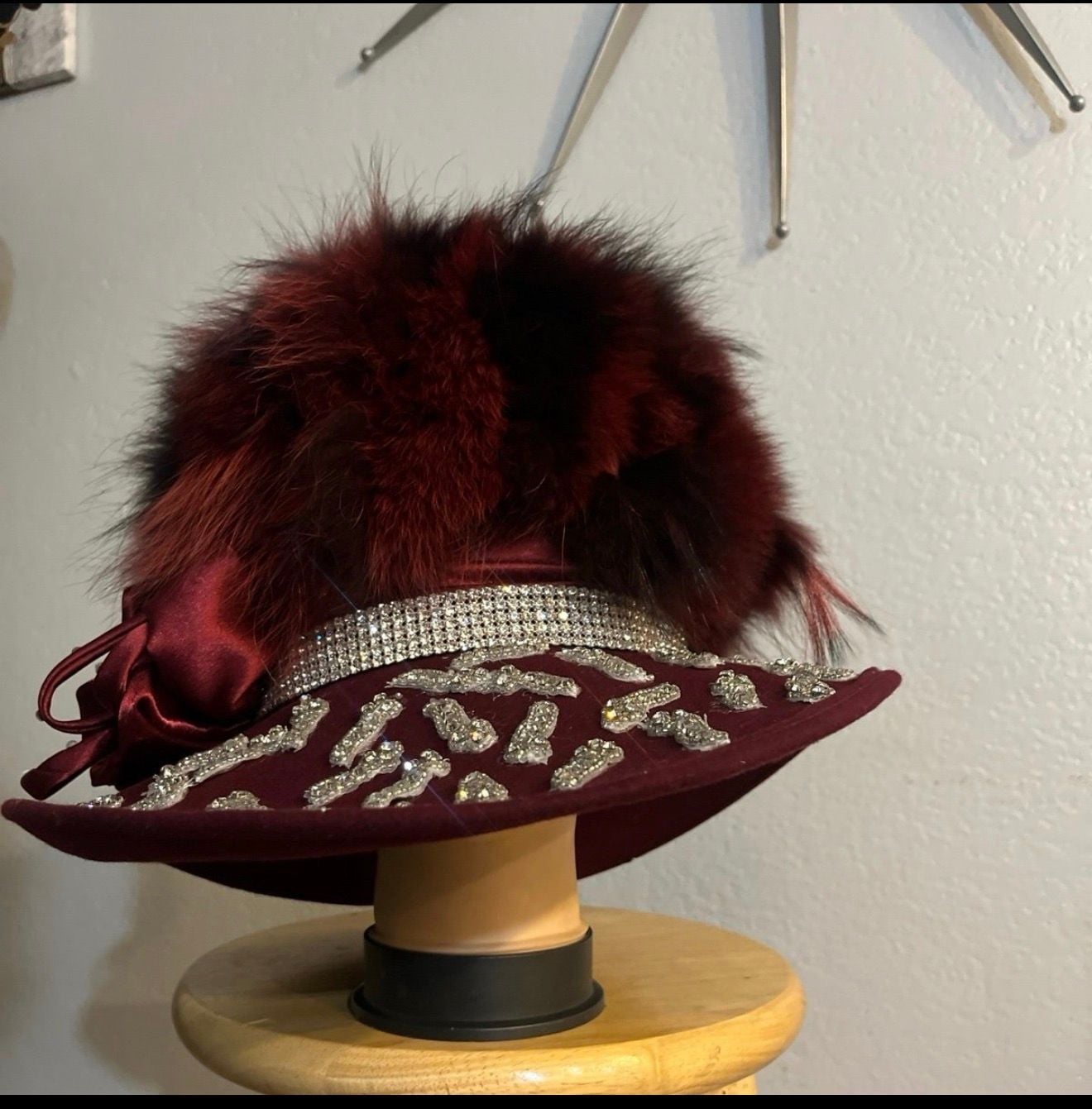 Ellie Hats Burgundy Felt Fur Rhinestone Wide Brim Designer Hat 7