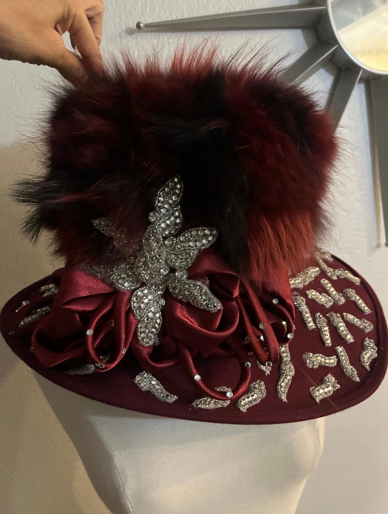 Ellie Hats Burgundy Felt Fur Rhinestone Wide Brim Designer Hat 8