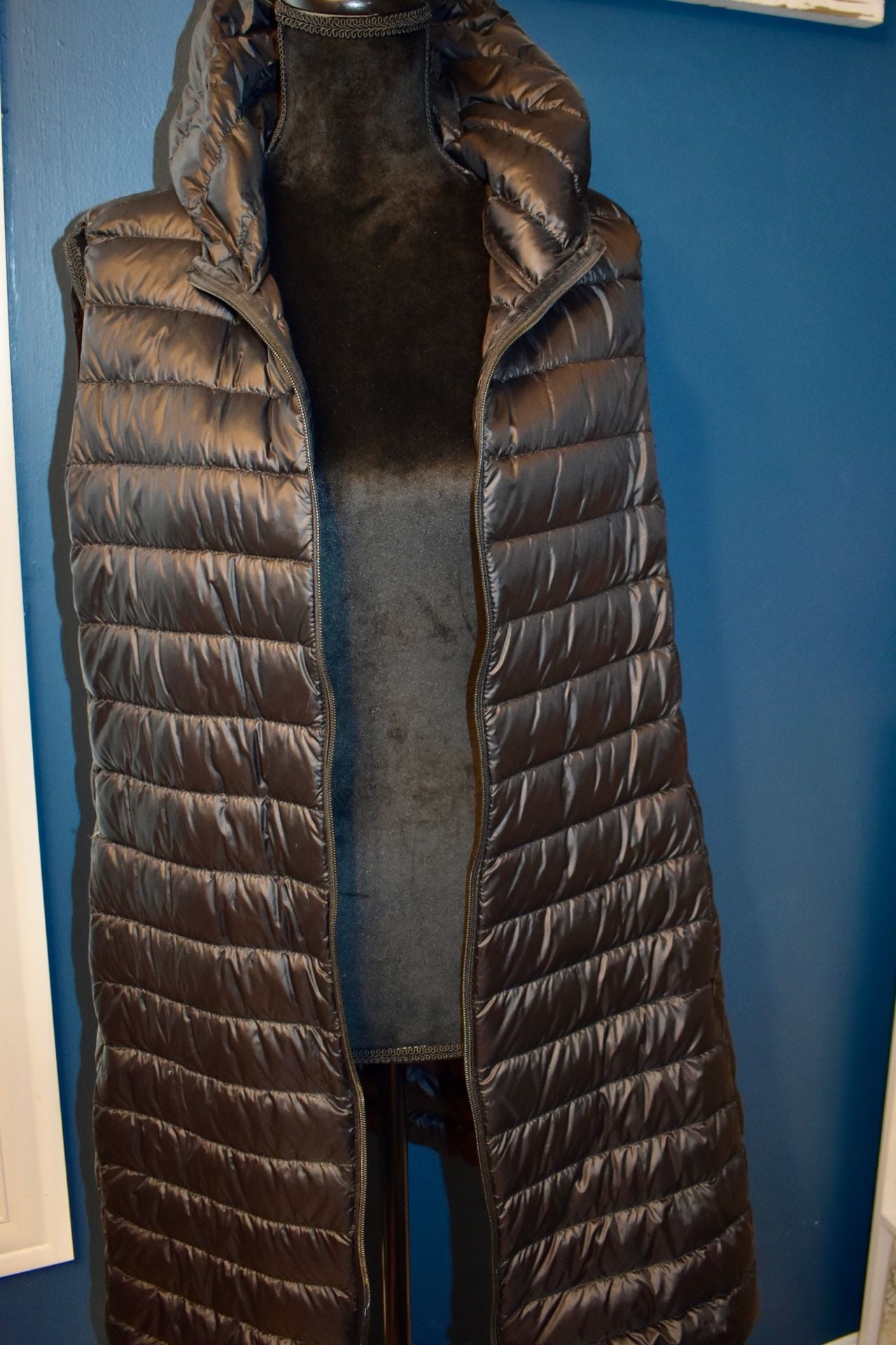 elfjoy Long Puffer Vest Size L Black Quilted Down 2