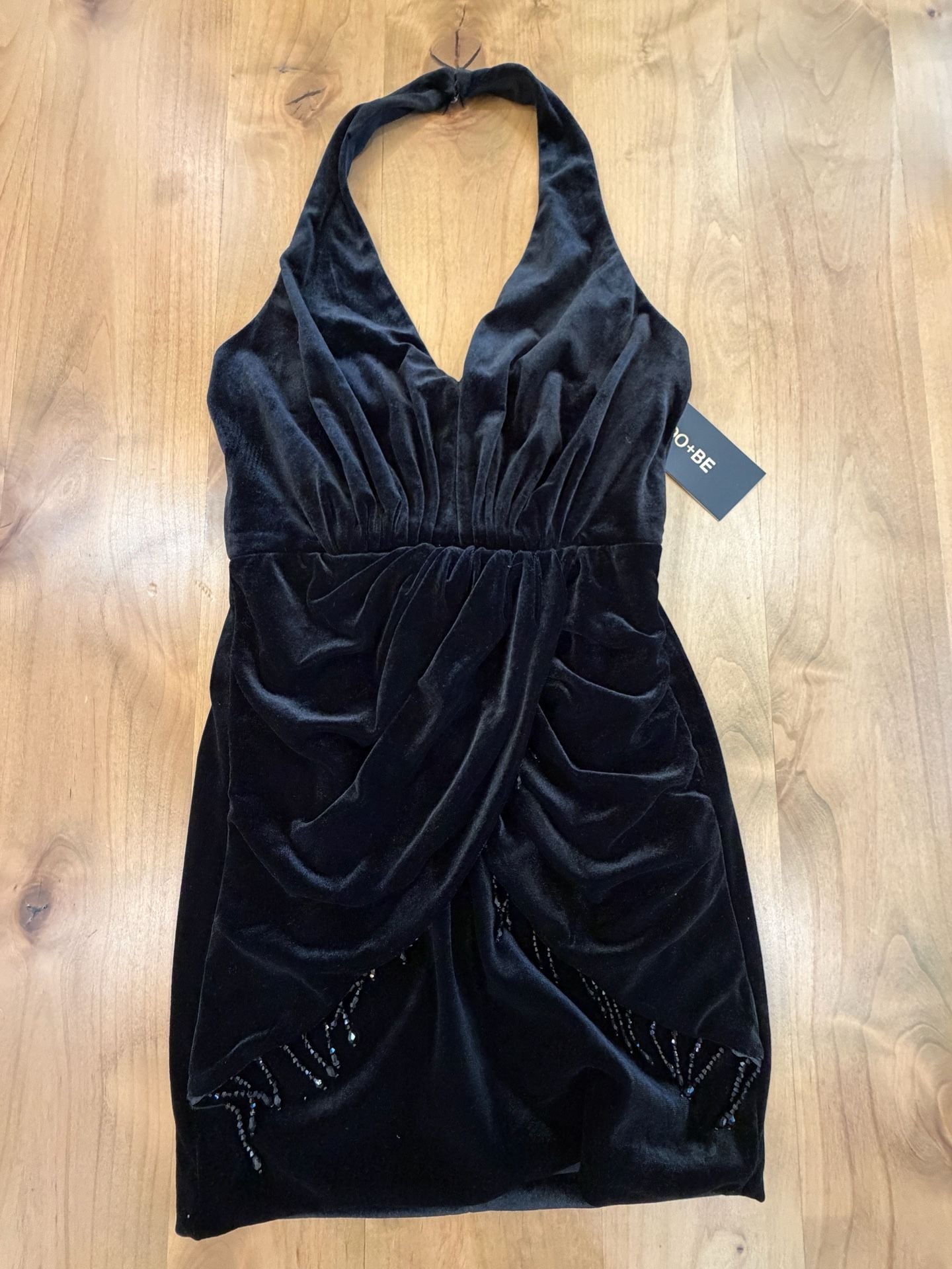 DO+BE Black Velvet Beaded Halter Mini Dress Size S (minor flaw) 1
