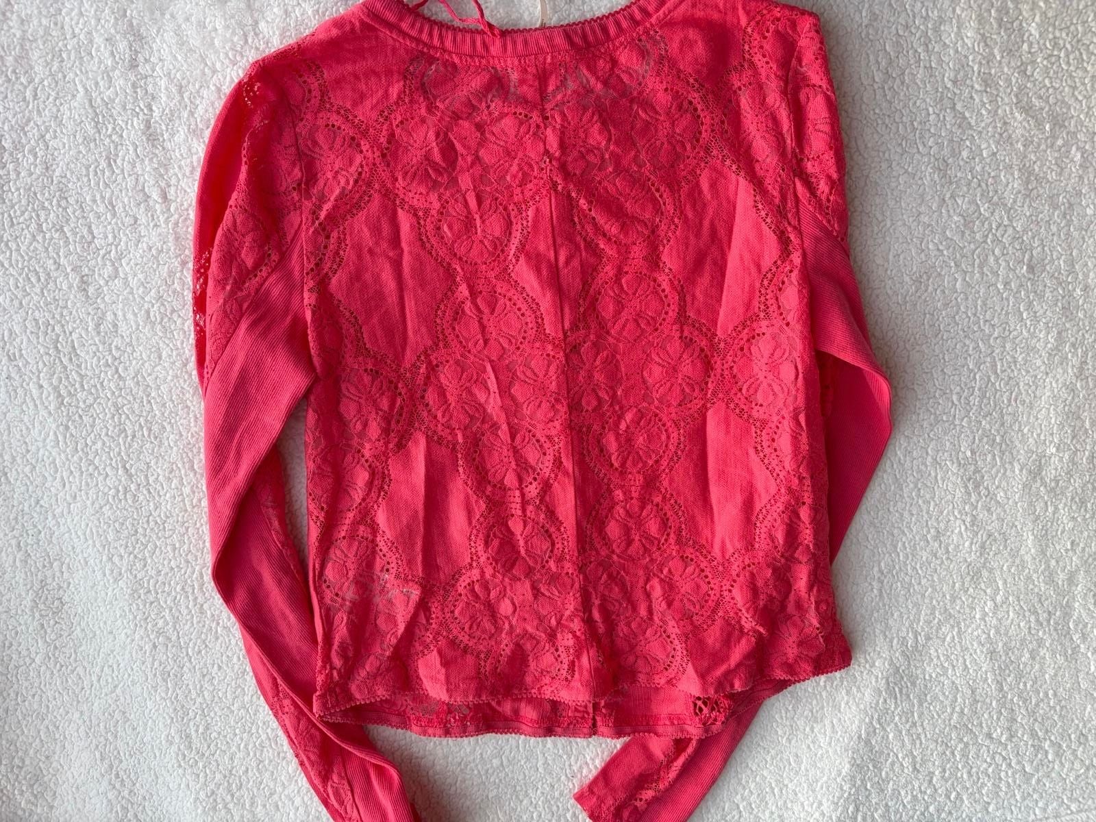 Free People Cardigan Size M Pink Lace Trim Long Sleeve 3