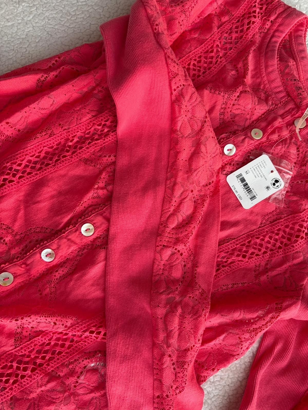 Free People Cardigan Size M Pink Lace Trim Long Sleeve 5