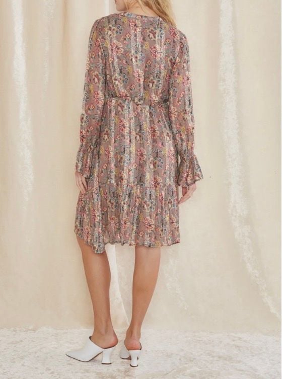 RAGA Floral Metallic Tiered Dress Size XS Brown Red Tassel 3