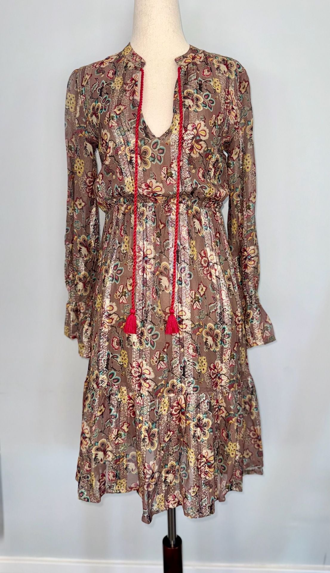 RAGA Floral Metallic Tiered Dress Size XS Brown Red Tassel 4
