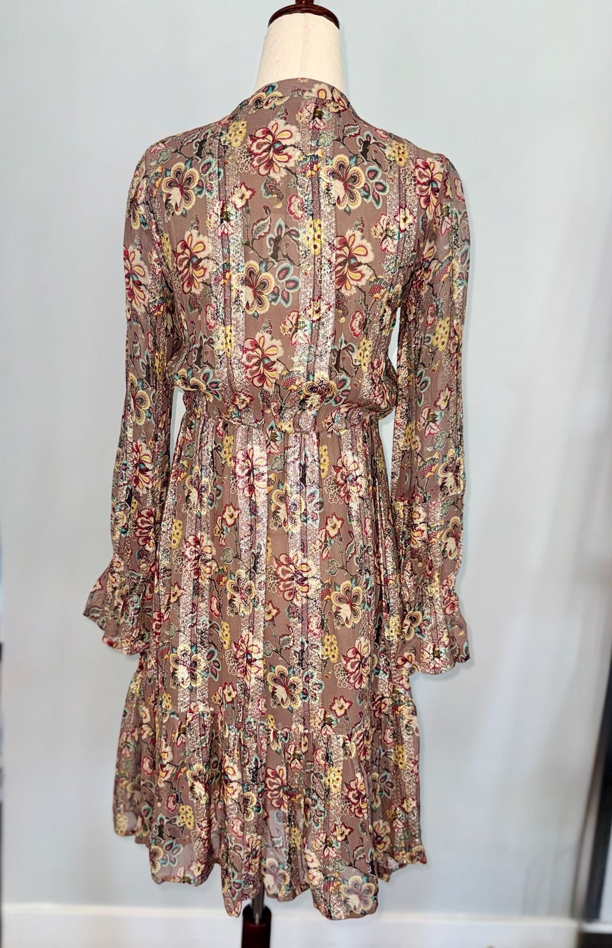 RAGA Floral Metallic Tiered Dress Size XS Brown Red Tassel 5