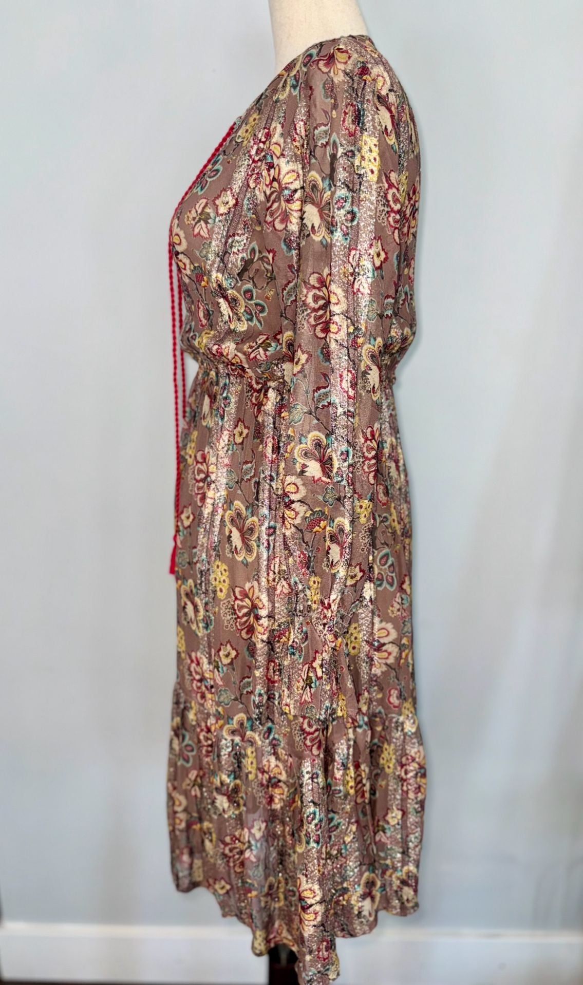 RAGA Floral Metallic Tiered Dress Size XS Brown Red Tassel 6