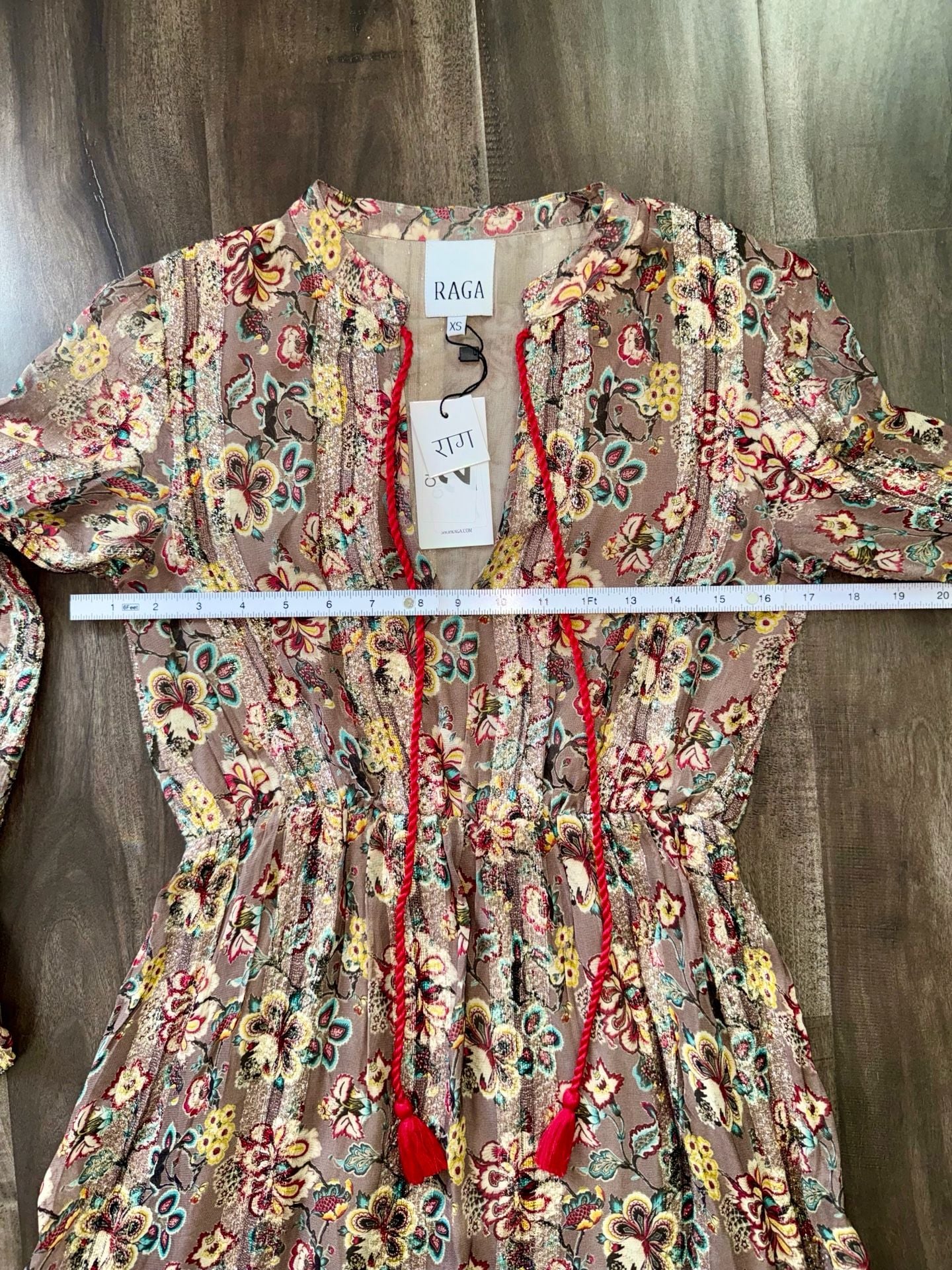 RAGA Floral Metallic Tiered Dress Size XS Brown Red Tassel 7