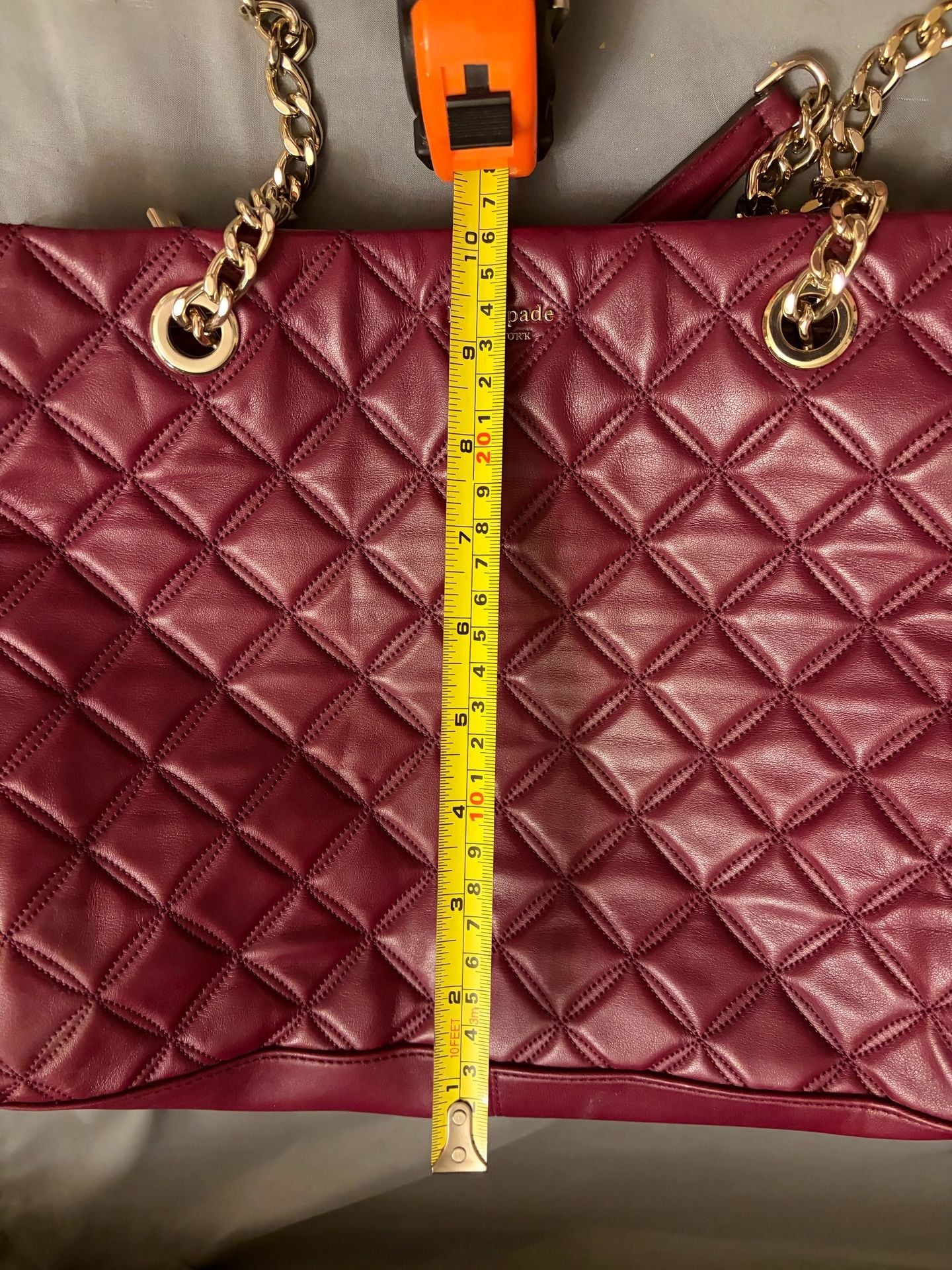 Kate Spade Quilted Leather Chain Tote Bag Burgundy. Middle zip plus smaller side zip.  10
