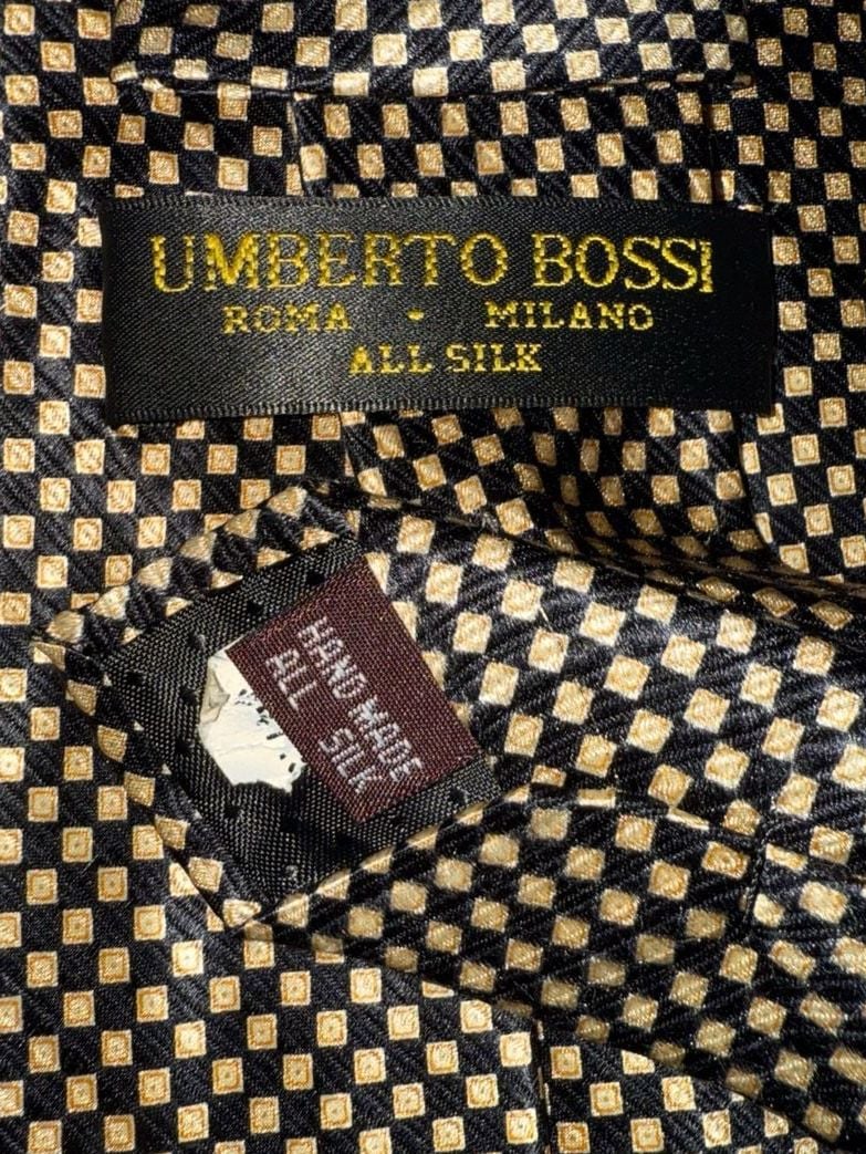 Umberto Bossi Silk Necktie Black Gold Geometric Grid Pattern 2