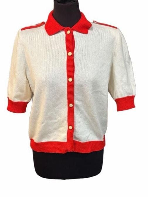 Neiman Marcus Short Sleeve Cardigan Sweater White Red Vintage 2