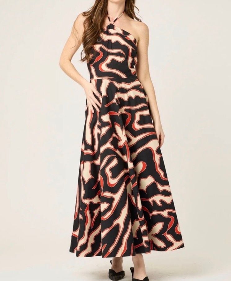 Btb Los Angeles Mia Dress Size Small Black Red Print Halter Maxi 2