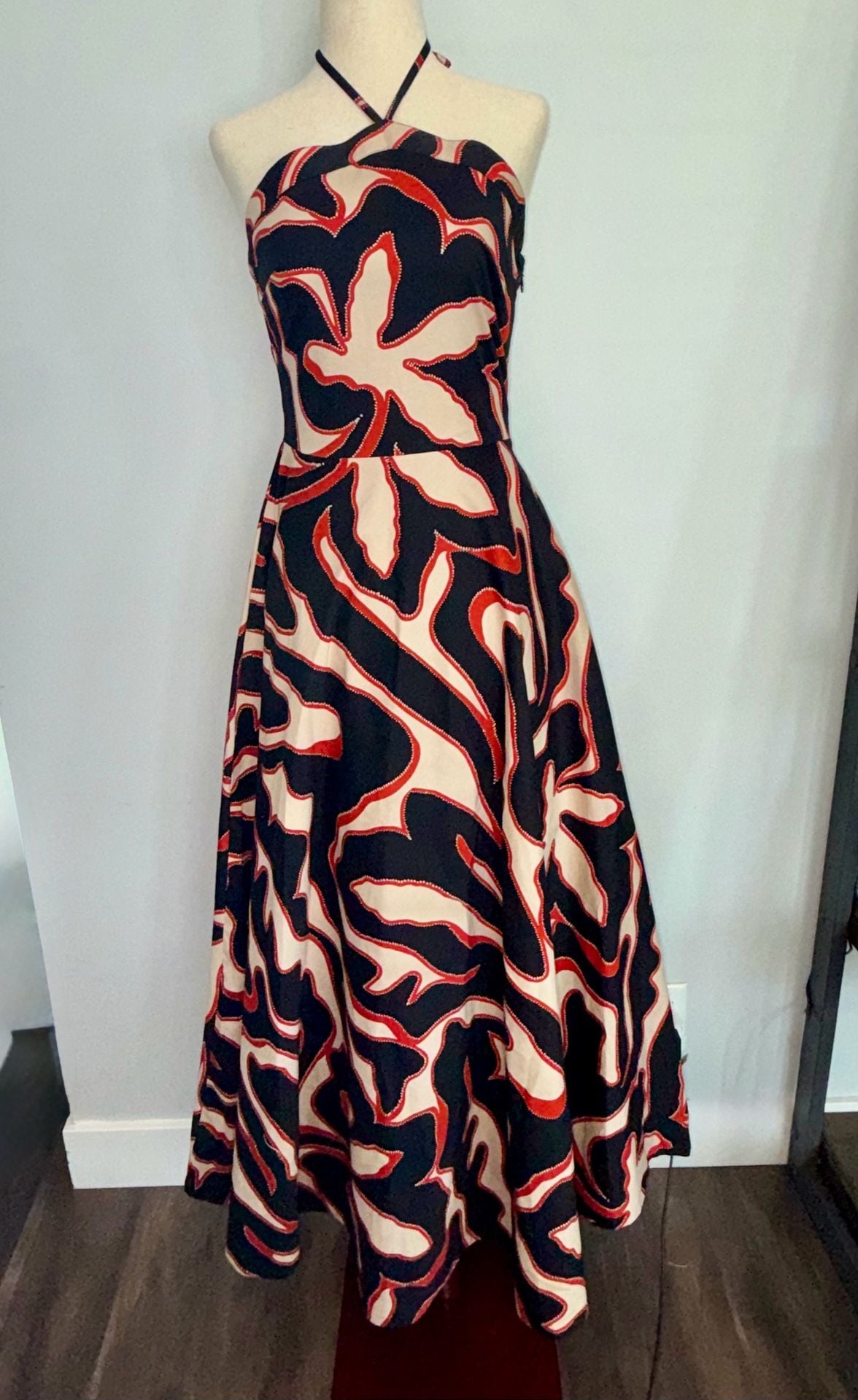 Btb Los Angeles Mia Dress Size Small Black Red Print Halter Maxi 3