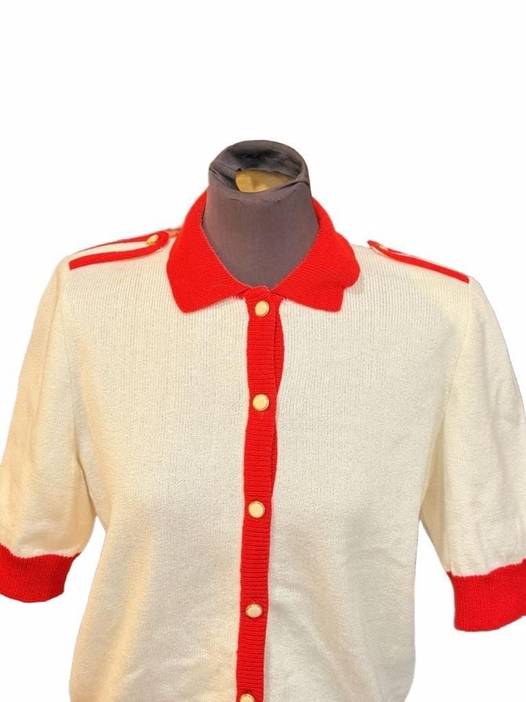 Neiman Marcus Short Sleeve Cardigan Sweater White Red Vintage 3