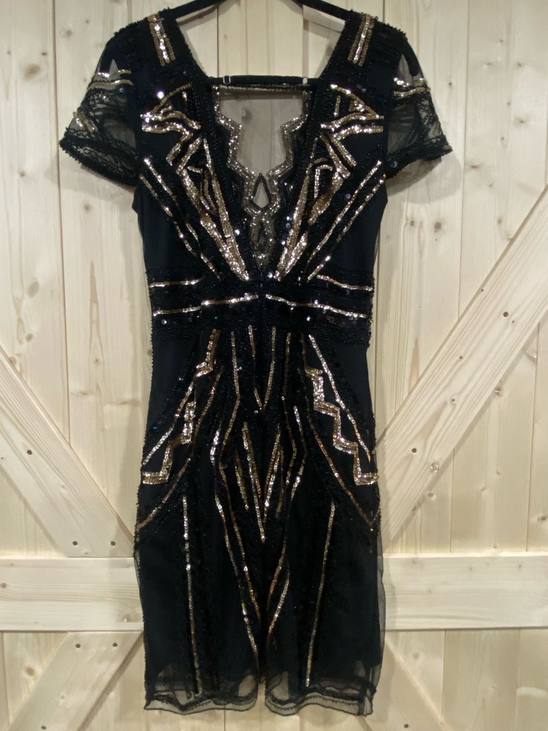 Black Gold Sequin Art Deco Flapper Dress Short Sleeve Cocktail Dress small 
 7