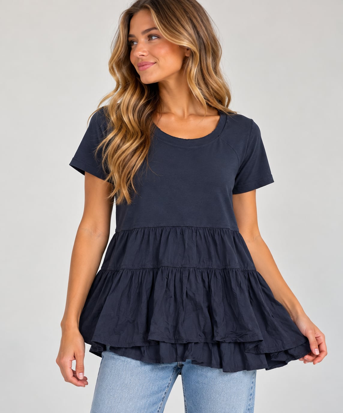 Anthropologie Navy Blue Tiered Ruffle Peplum Top Short Sleeve XS 2