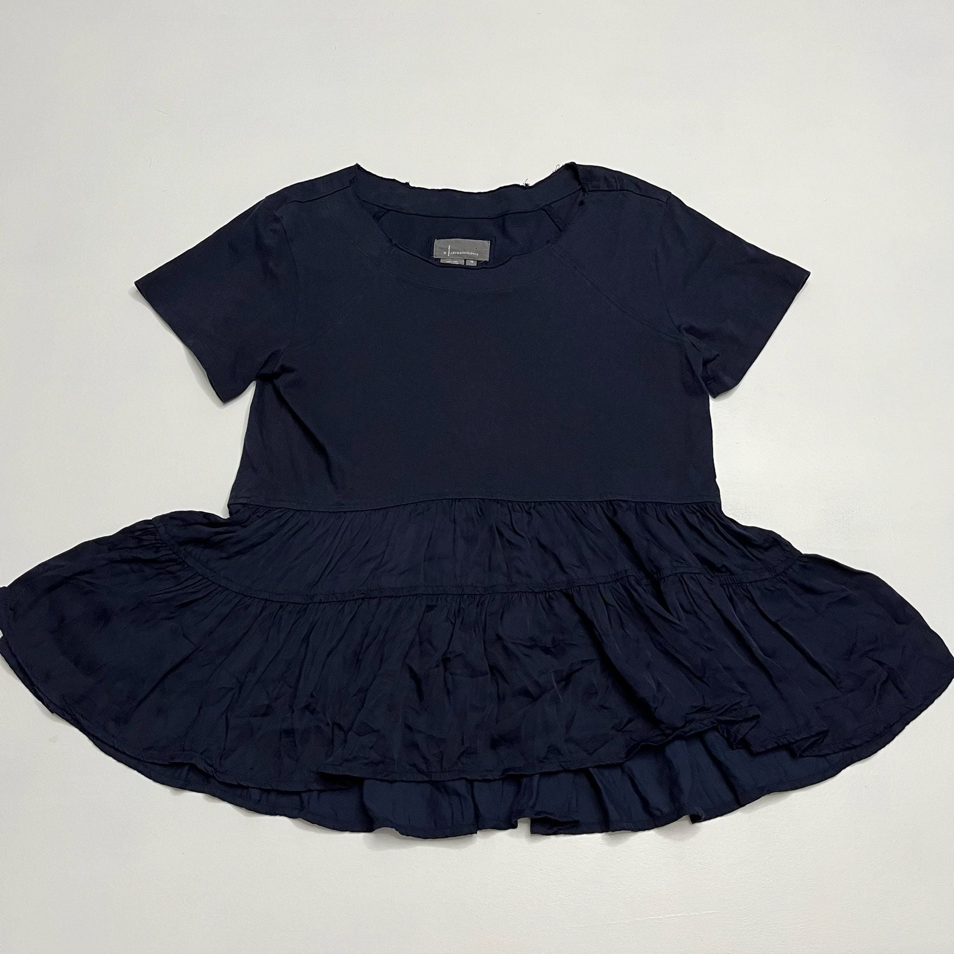 Anthropologie Navy Blue Tiered Ruffle Peplum Top Short Sleeve XS 3