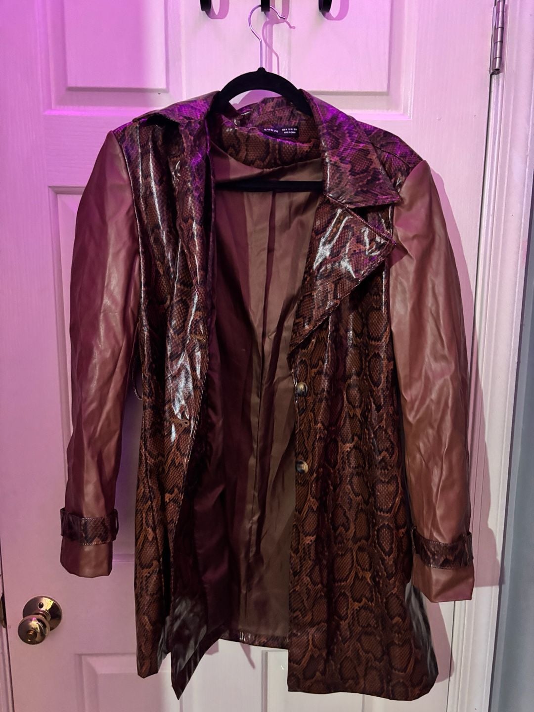 Faux Leather Trench Coat Size M Brown Snake Print 2