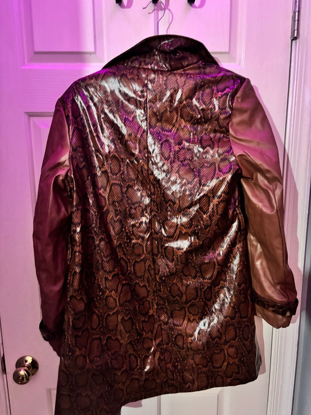 Faux Leather Trench Coat Size M Brown Snake Print 4
