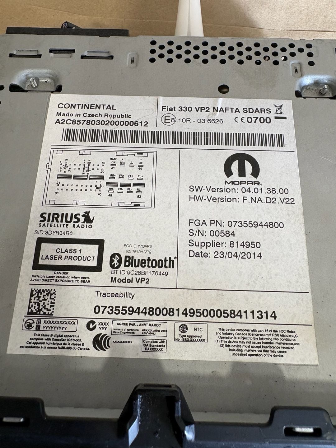 2014-2017 Fiat 500 500L Uconnect VP2 Radio 07355944800 Continental 5
