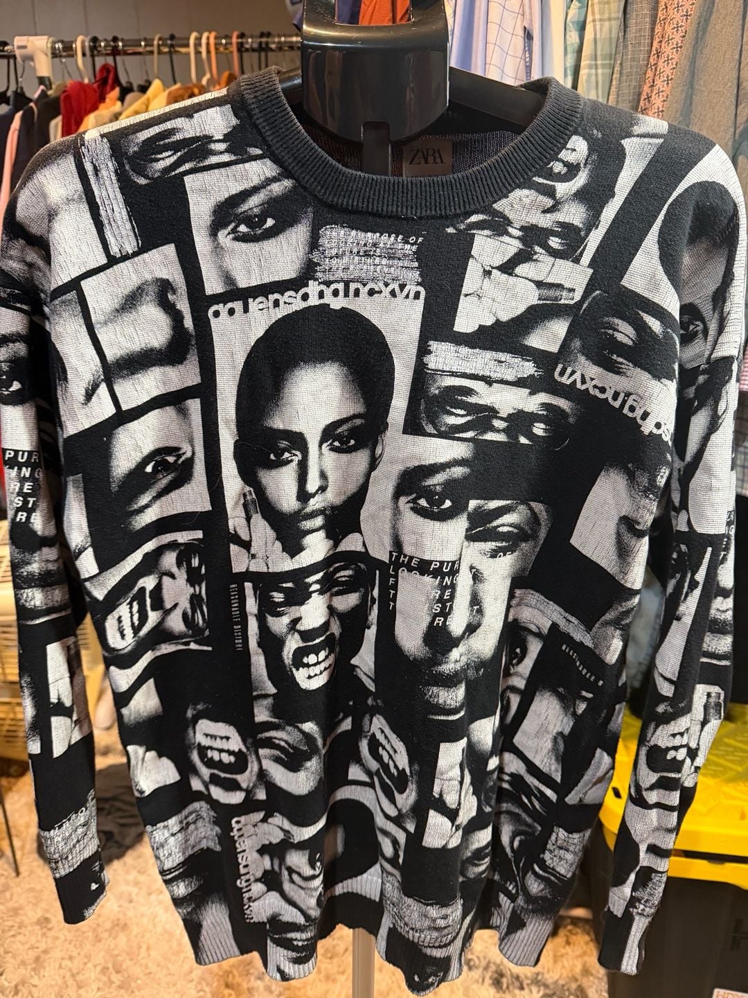 Zara Collage Face Print Knit Sweater Size M Black White 2