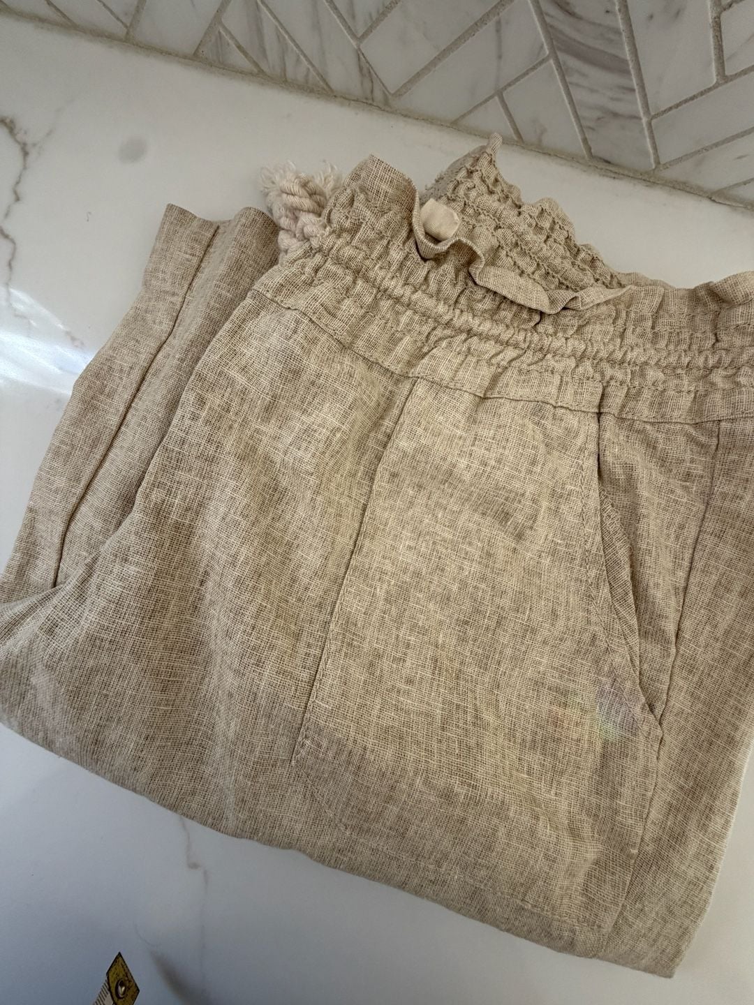 Roxy Linen Blend Drawstring Pants Size M Beige 13