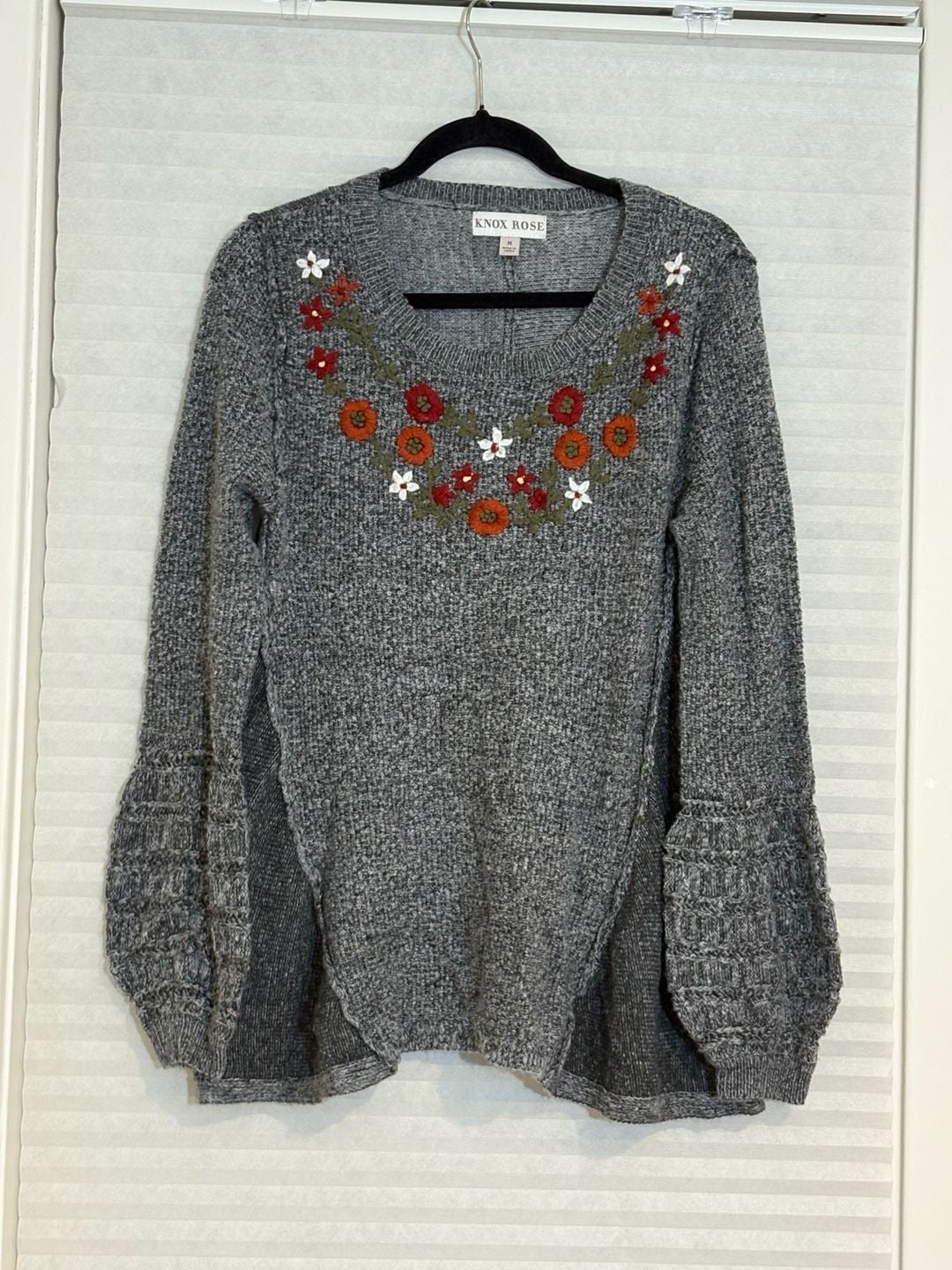Knox Rose Floral Embroidered Sweater Size M Gray Acrylic Nylon 2