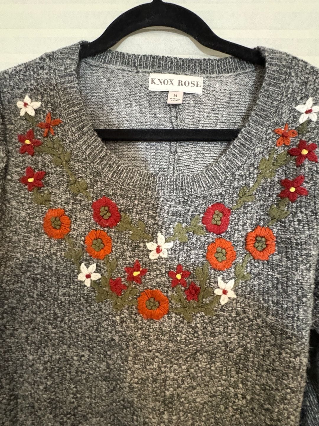 Knox Rose Floral Embroidered Sweater Size M Gray Acrylic Nylon 6