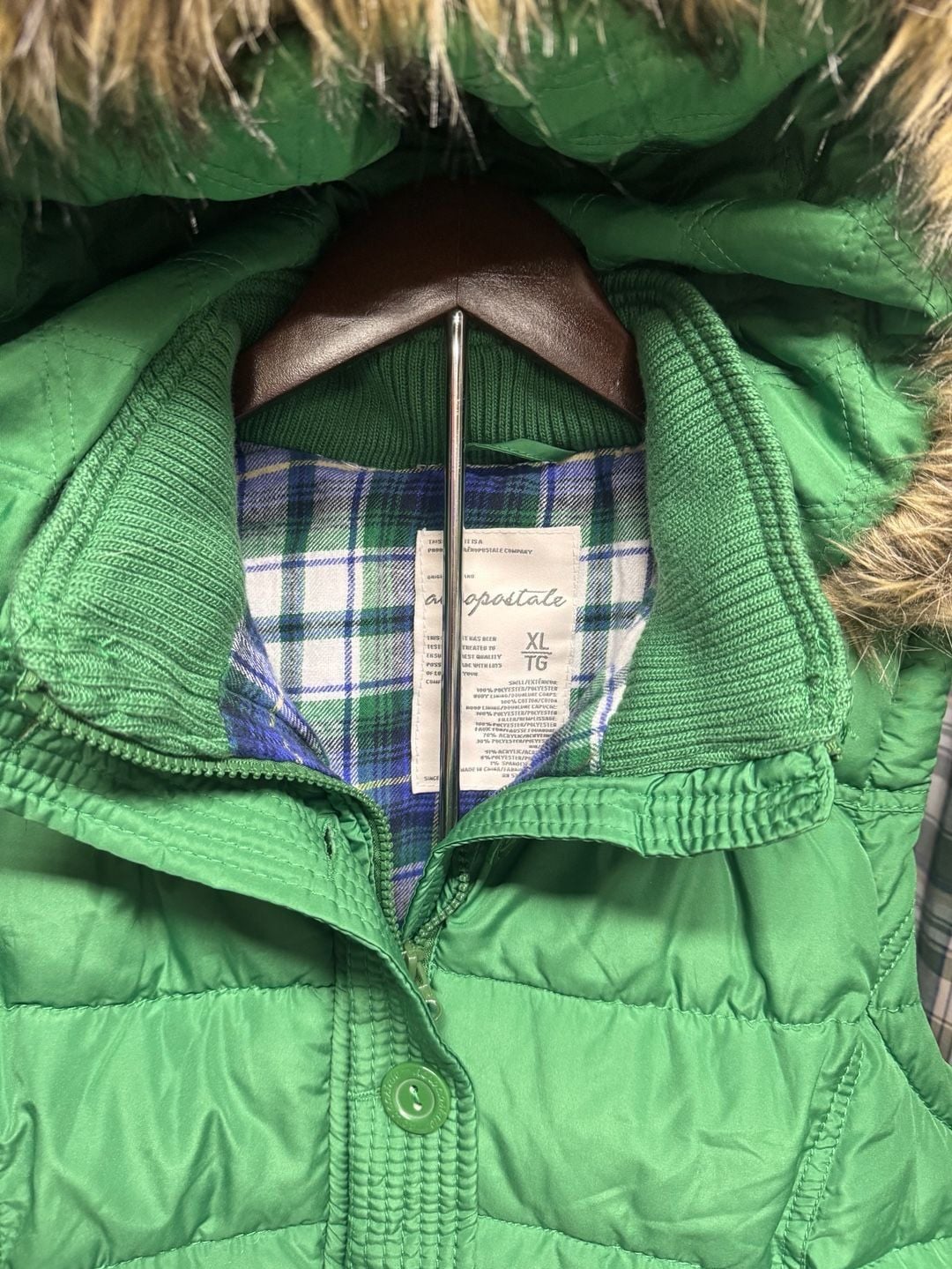 Aeropostale Puffer Jacket Vest Size XL Green Plaid Lined 4