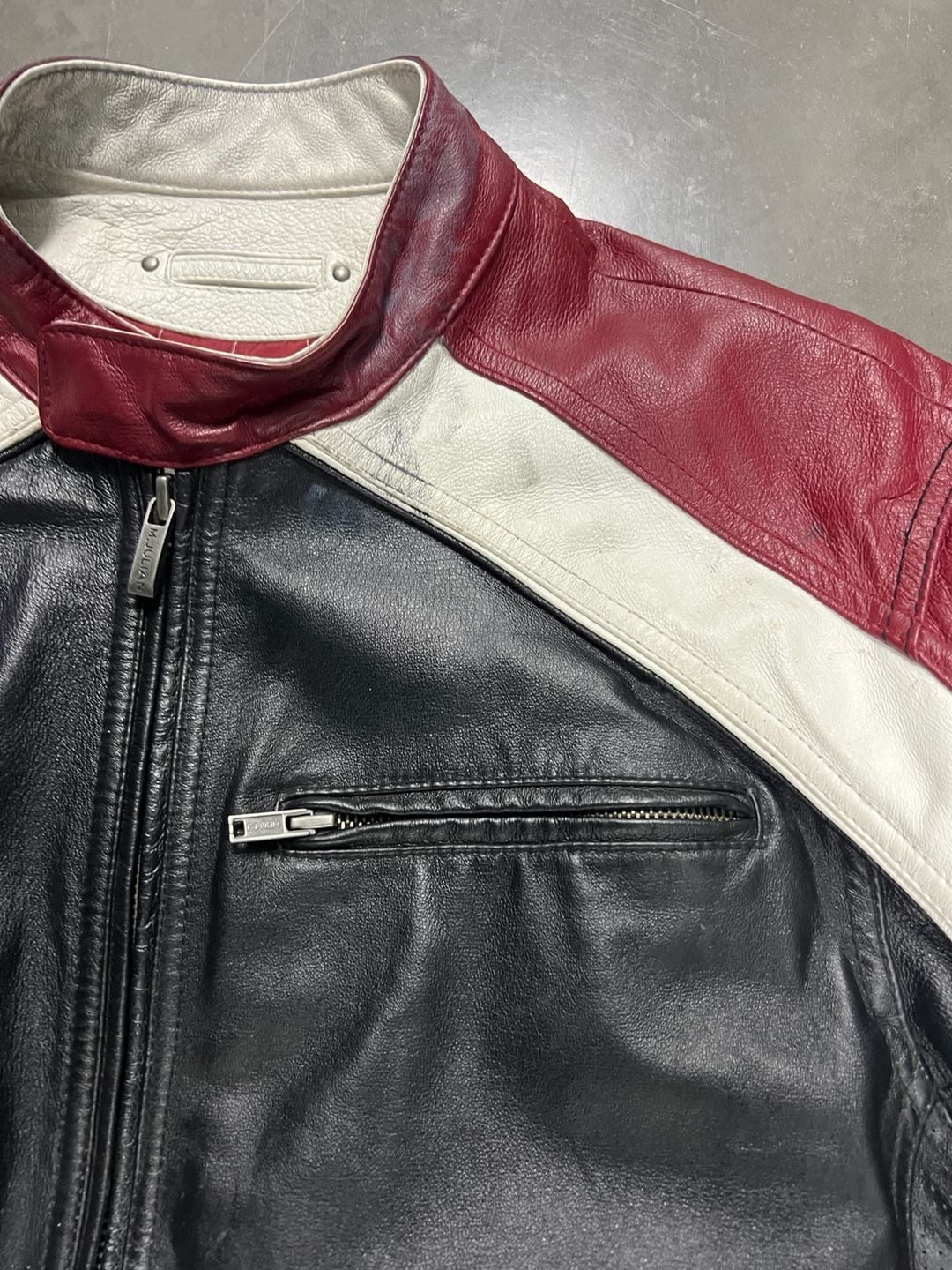 Leather Motorcycle Jacket Black White Red 6