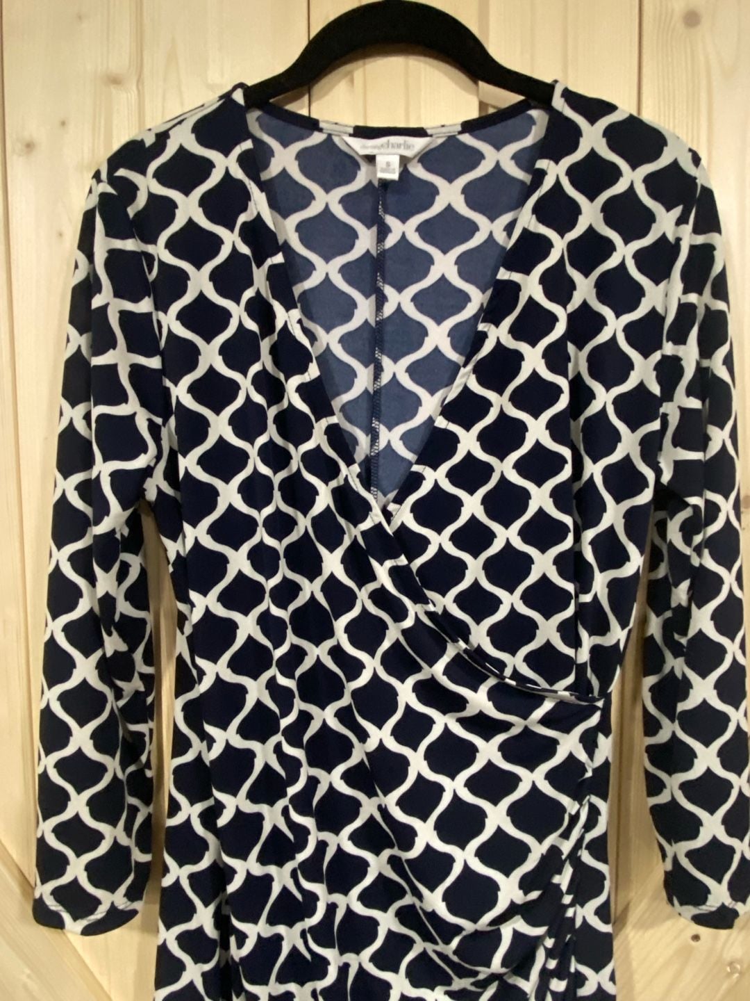 Charming Charlie Wrap Dress Size S Blue White Geometric Print 4