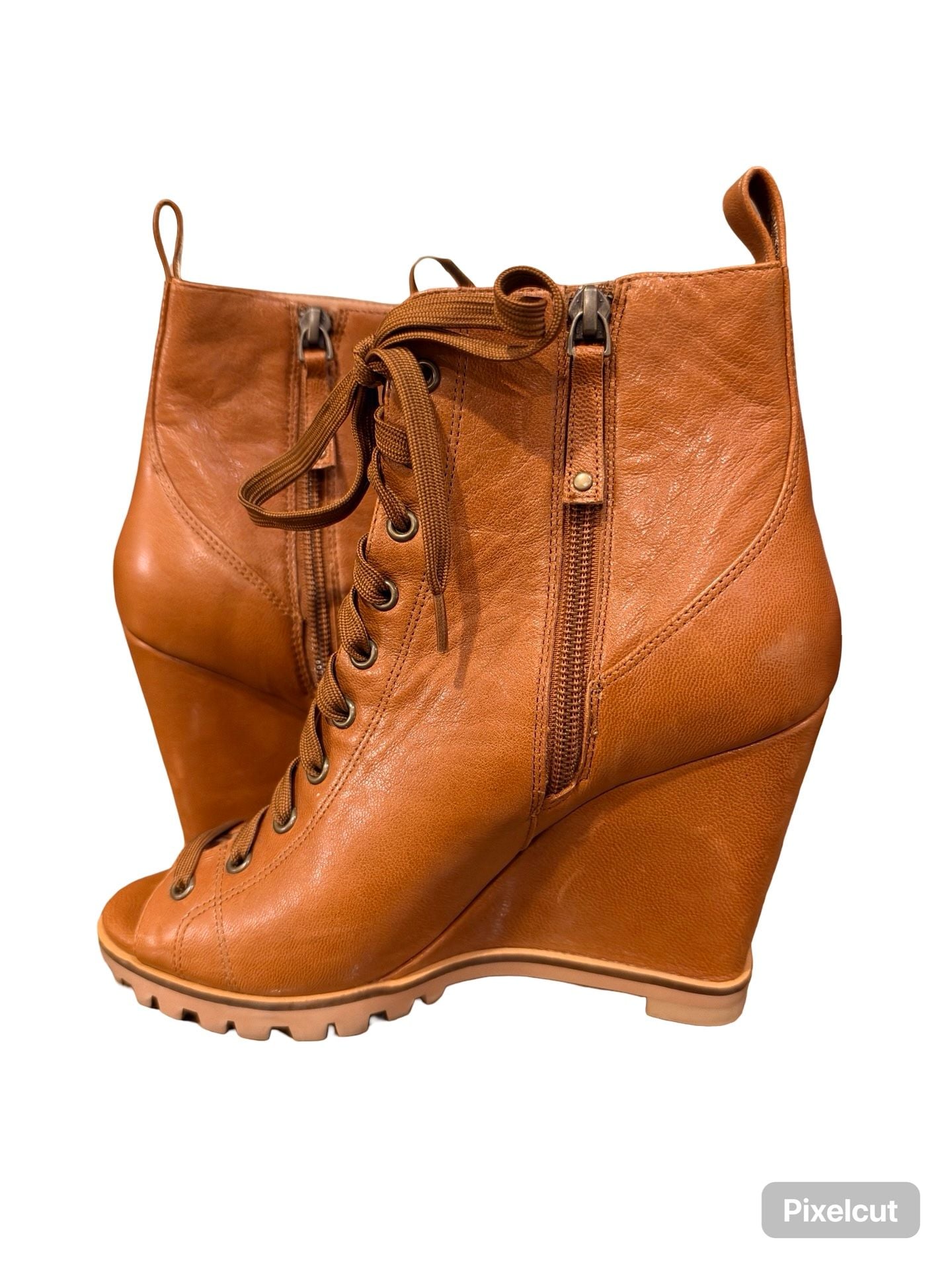 Linea Paolo Wedge Bootie Tan Leather Peep Toe Lace Up Size 7 3