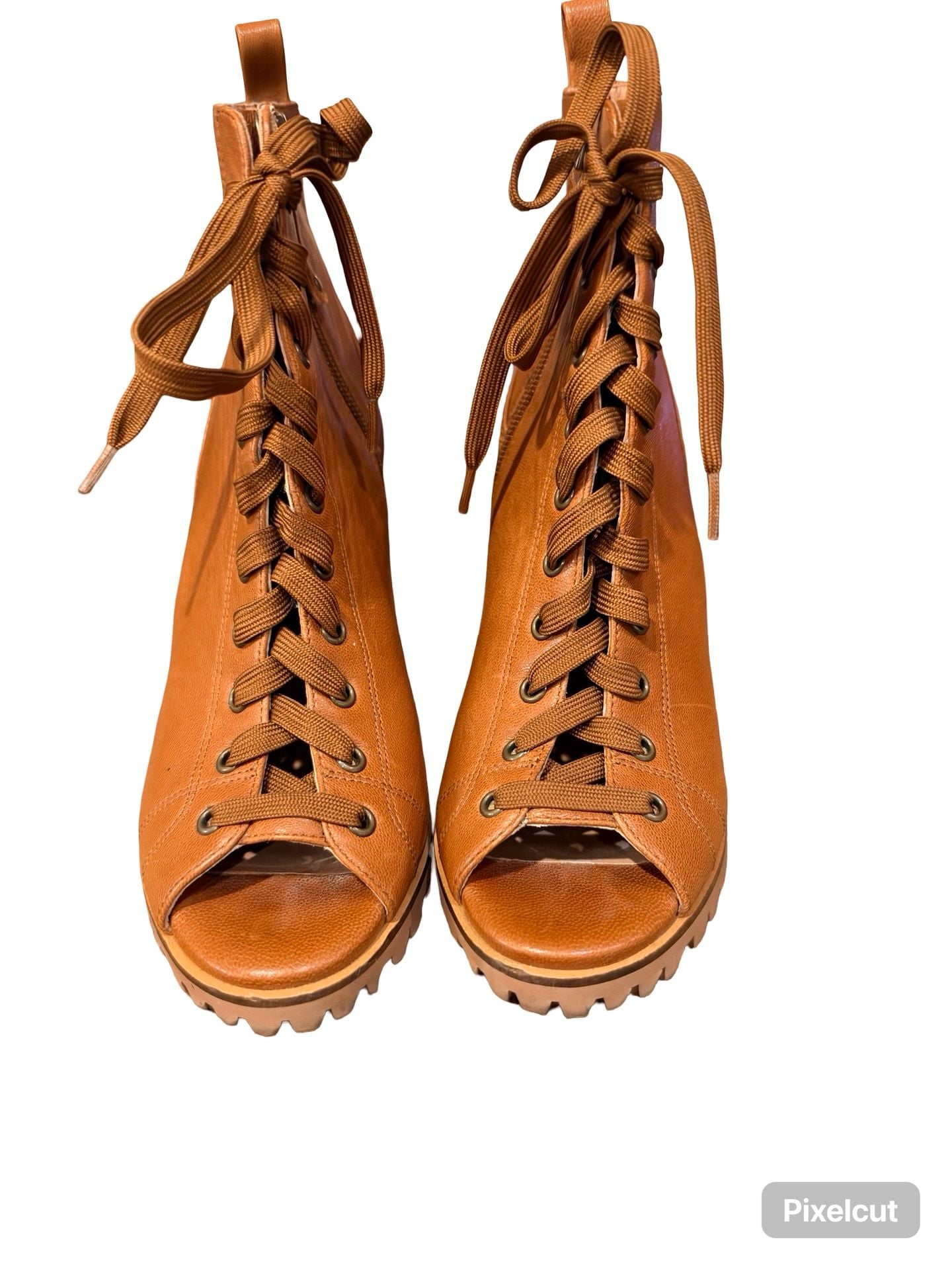 Linea Paolo Wedge Bootie Tan Leather Peep Toe Lace Up Size 7 4