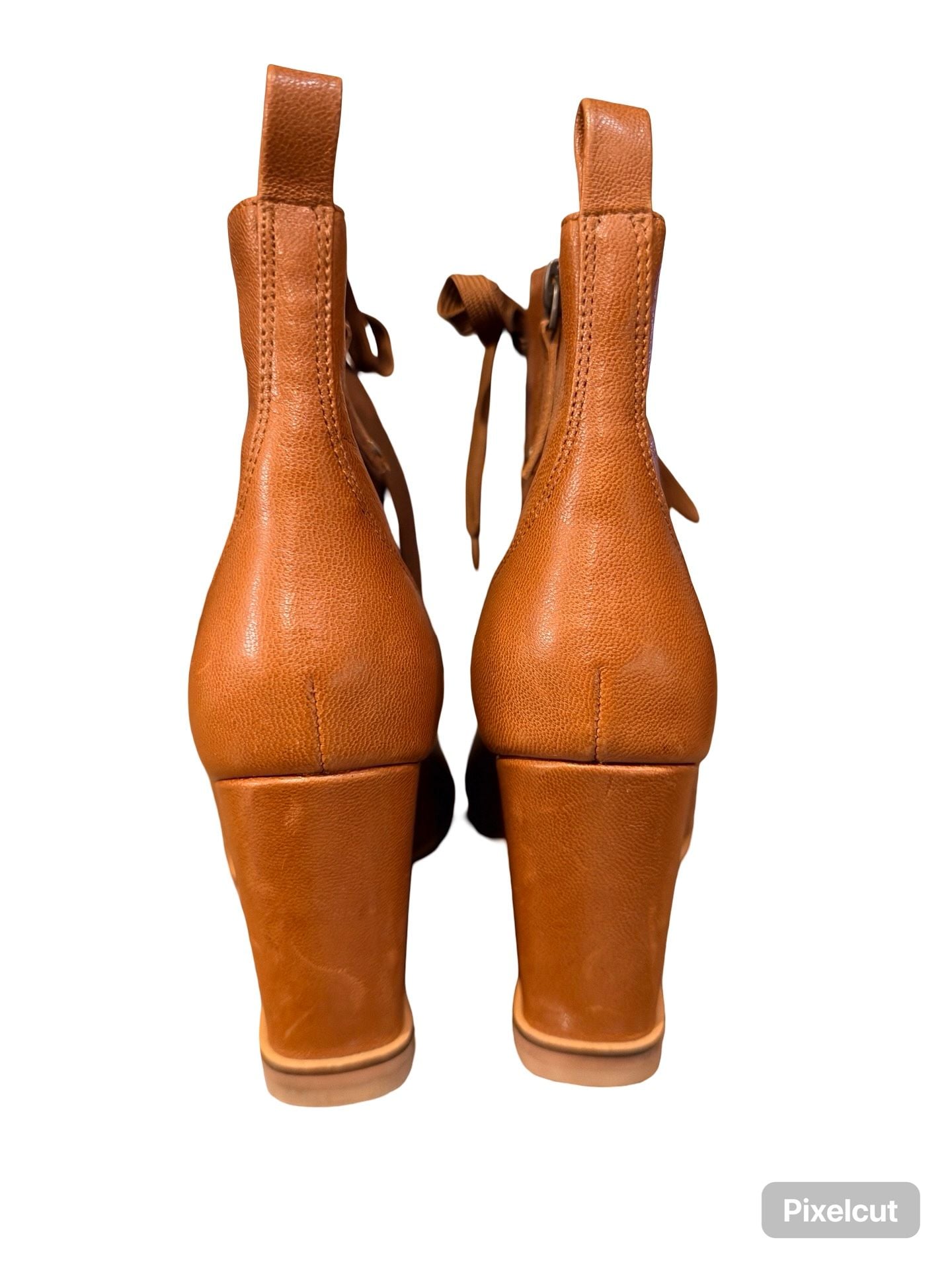Linea Paolo Wedge Bootie Tan Leather Peep Toe Lace Up Size 7 5