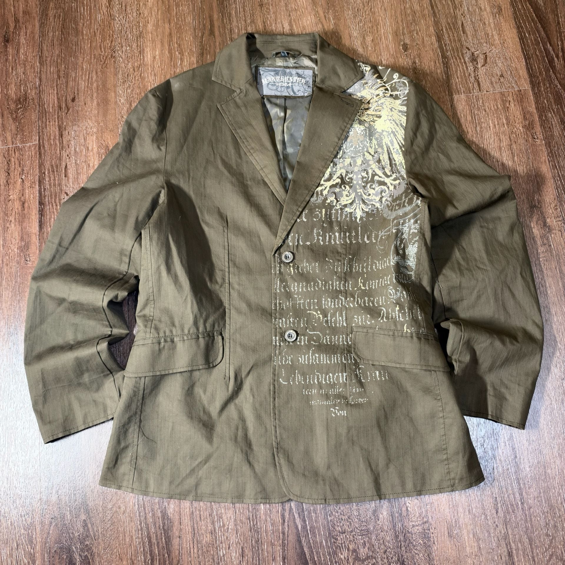 Manchester Y2K Graphic Blazer Jacket Olive Brown Layered Jacket 3