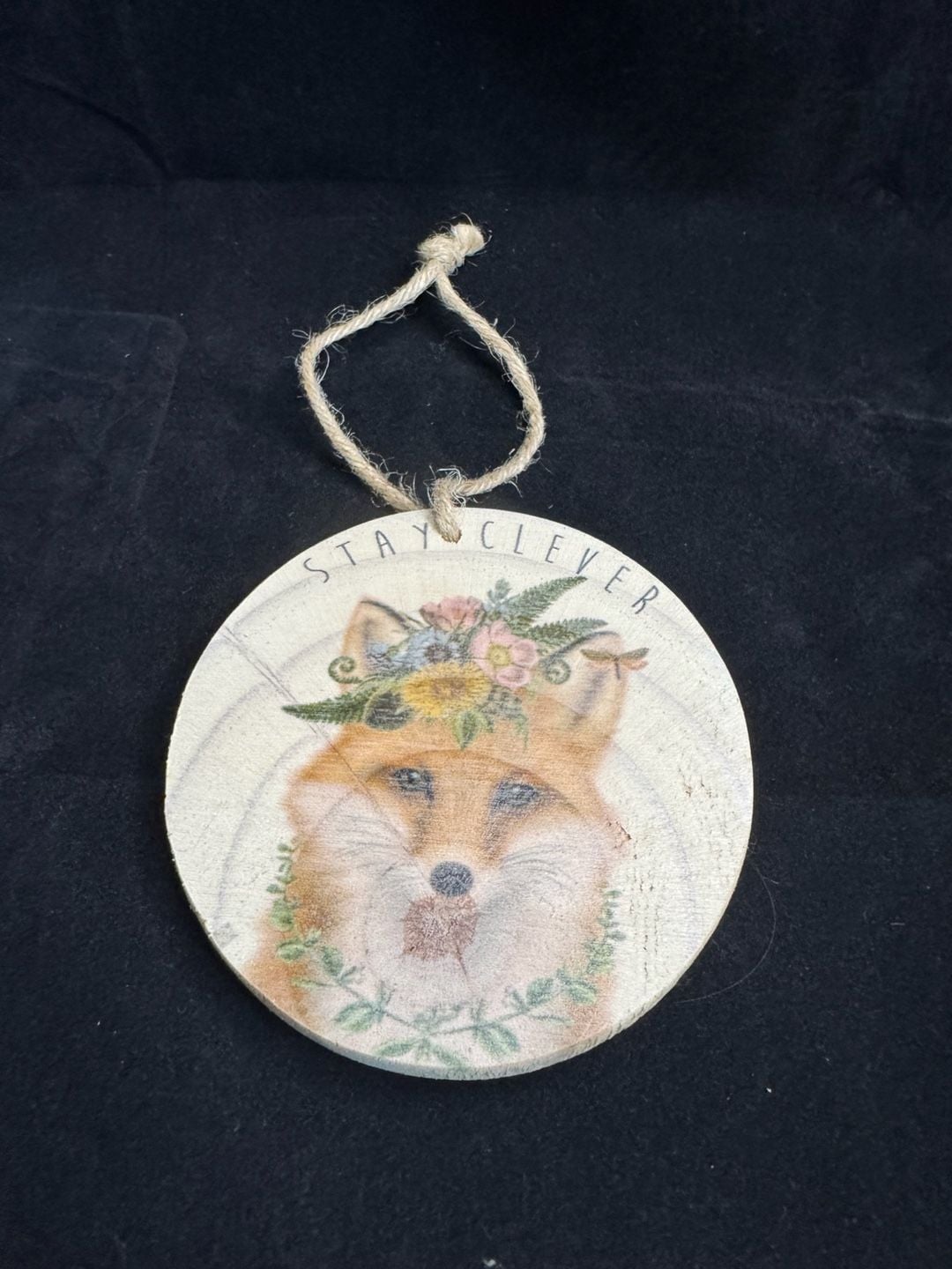 Unbranded Stay Clever Fox Wood Slice Hanging Ornament Floral 1