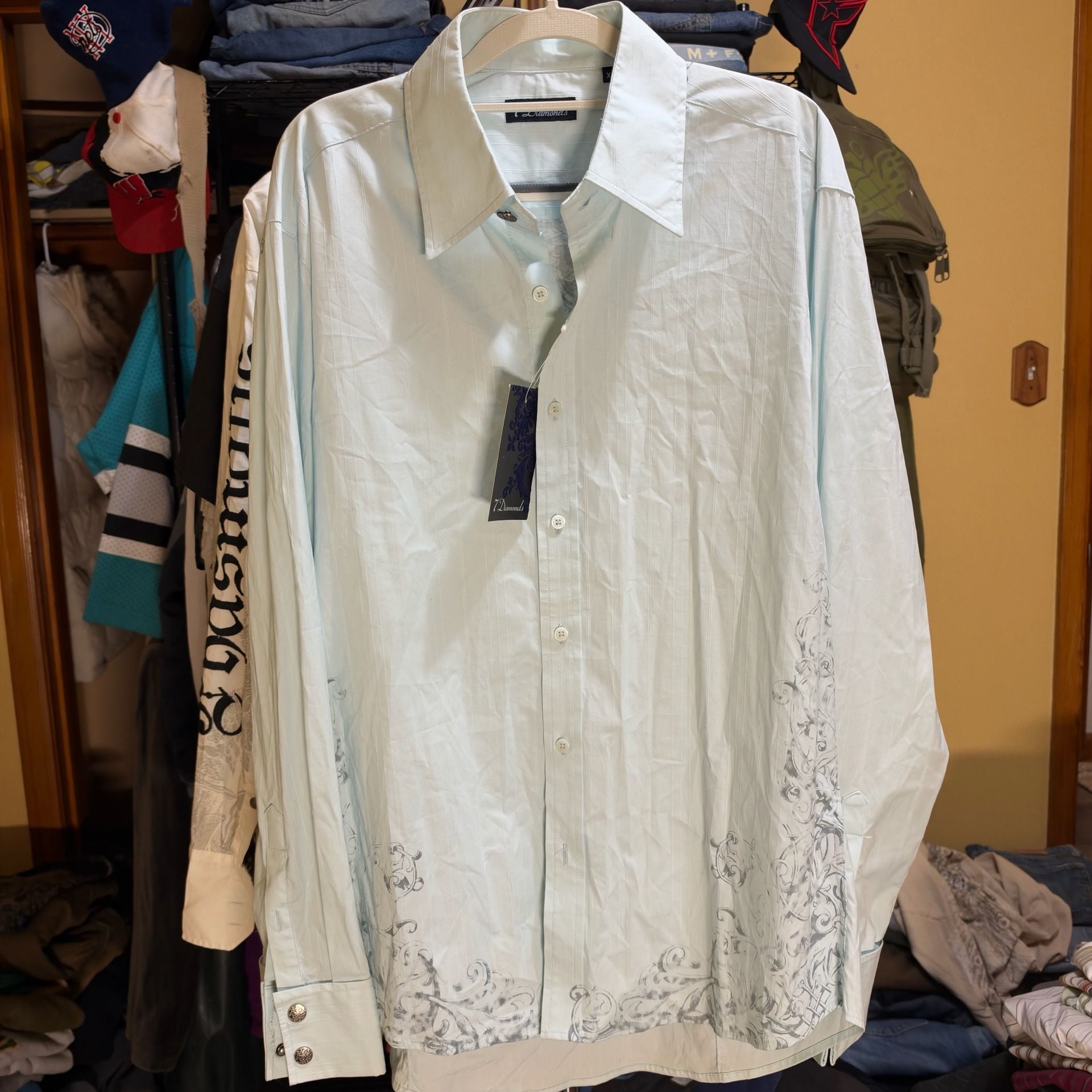 7 Diamonds Y2K Long Sleeve Button Down Shirt Size XL Light Blue Black 4