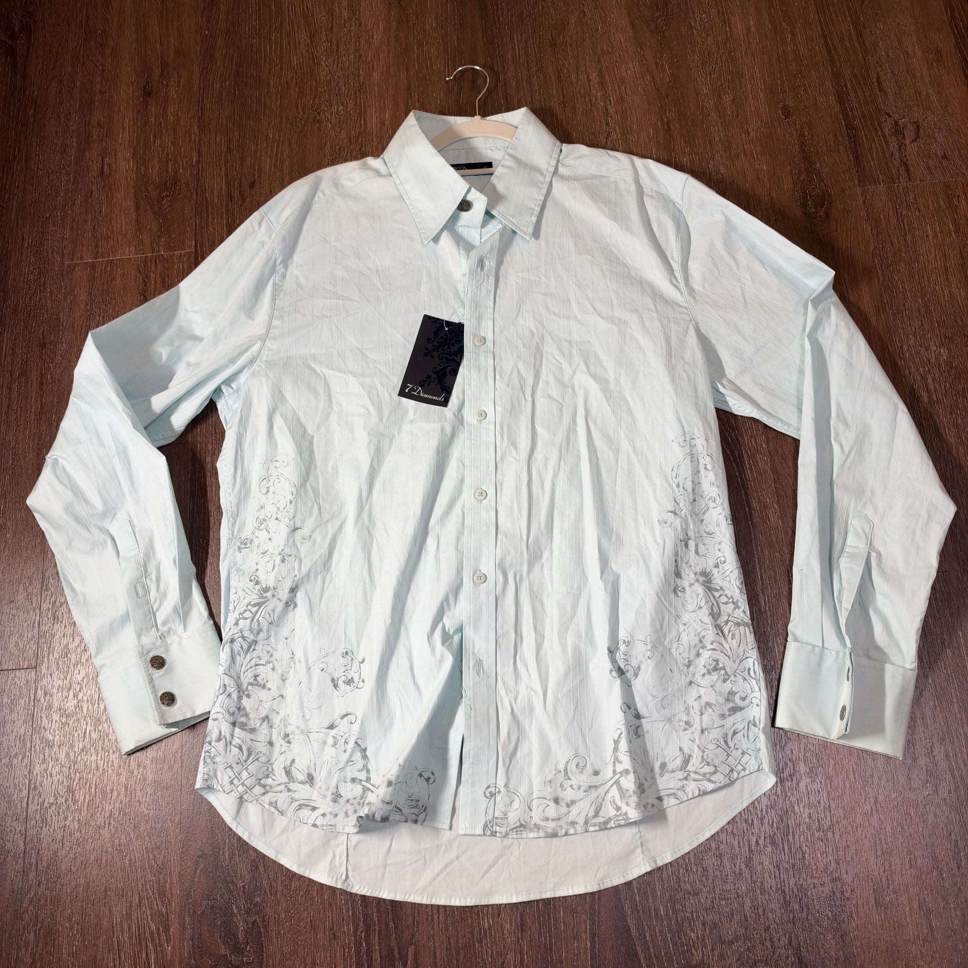 7 Diamonds Y2K Long Sleeve Button Down Shirt Size XL Light Blue Black 9