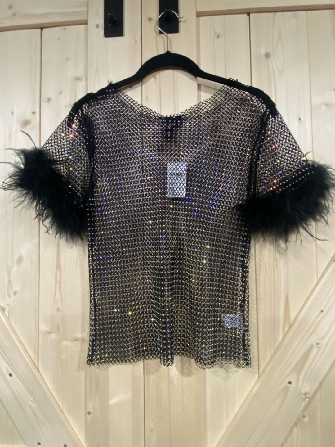 Windsor Rhinestone Mesh Top Size S Black Feather Trim 2