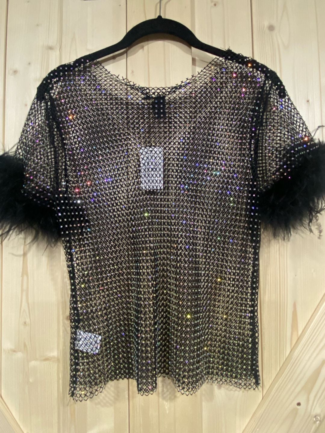 Windsor Rhinestone Mesh Top Size S Black Feather Trim 5