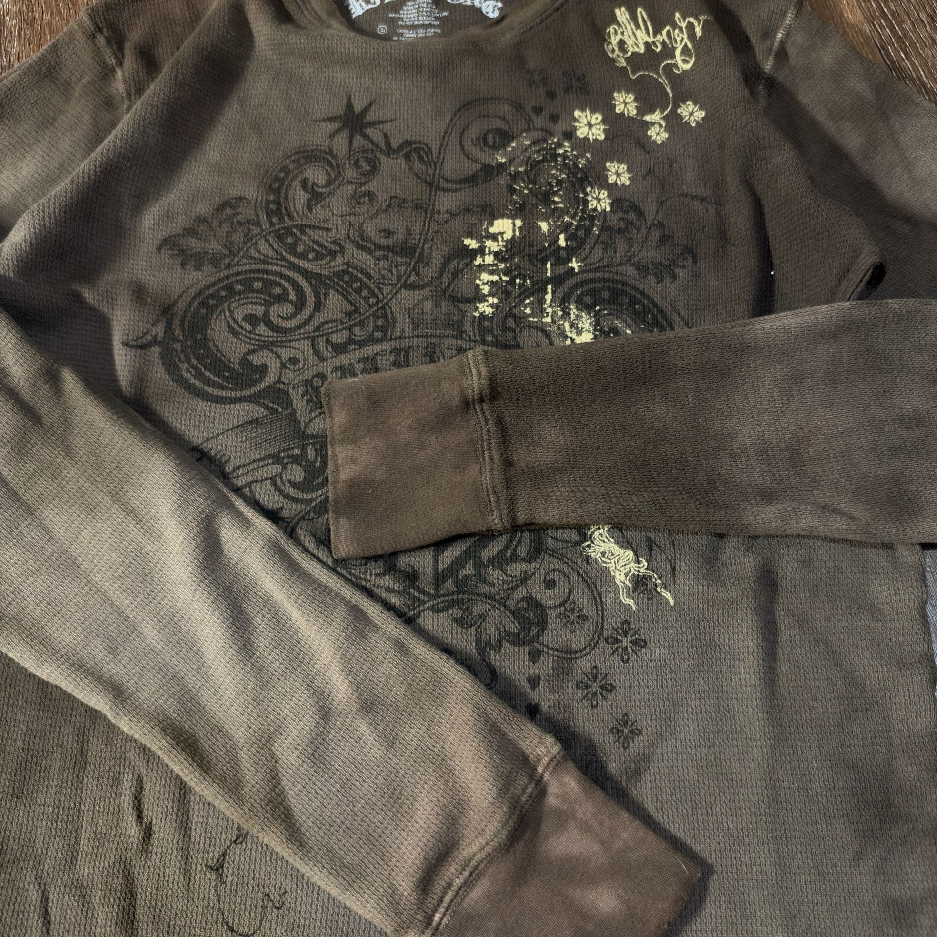 Y2K Billabong Waffle Long Sleeve Shirt Size L Brown Graphic Thermal  8