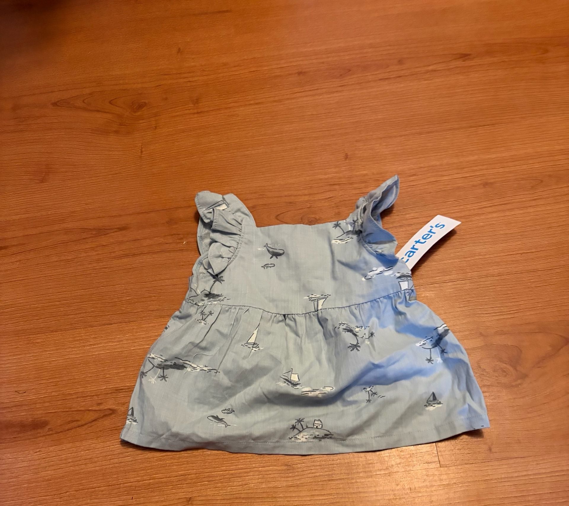 Carter's Ocean Print Dress Size 12m Blue Ruffle Sleeves 6