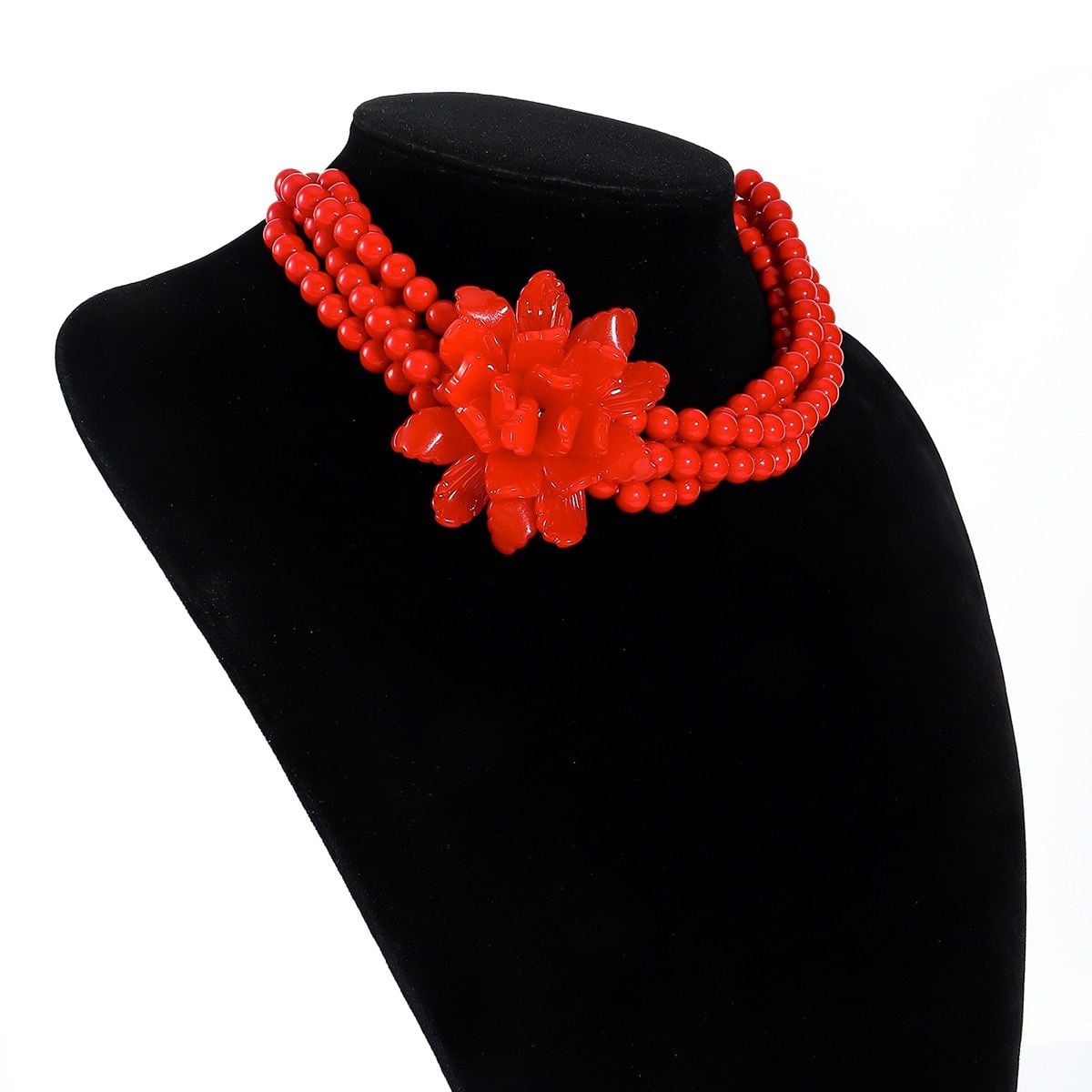 Red Multi-Strand Beaded Flower Statement Choker Necklace 2
