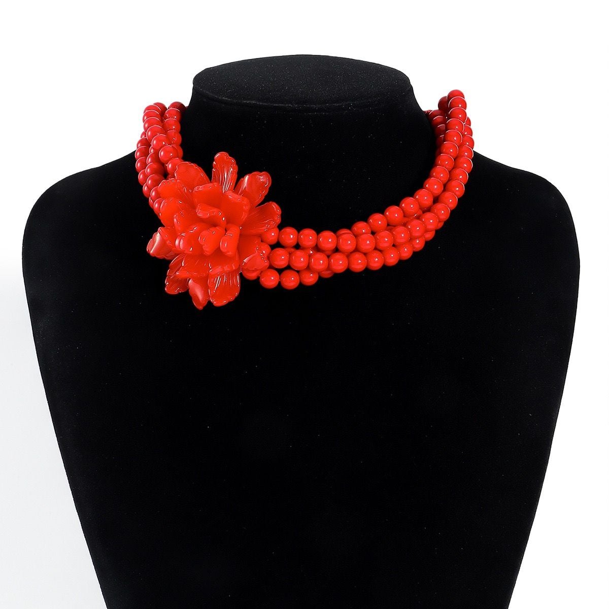 Red Multi-Strand Beaded Flower Statement Choker Necklace 3