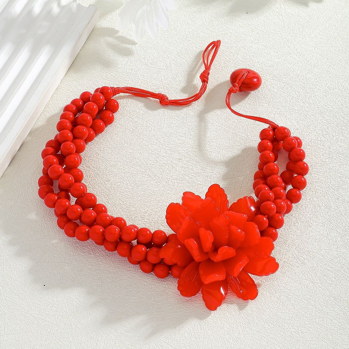 Red Multi-Strand Beaded Flower Statement Choker Necklace 4