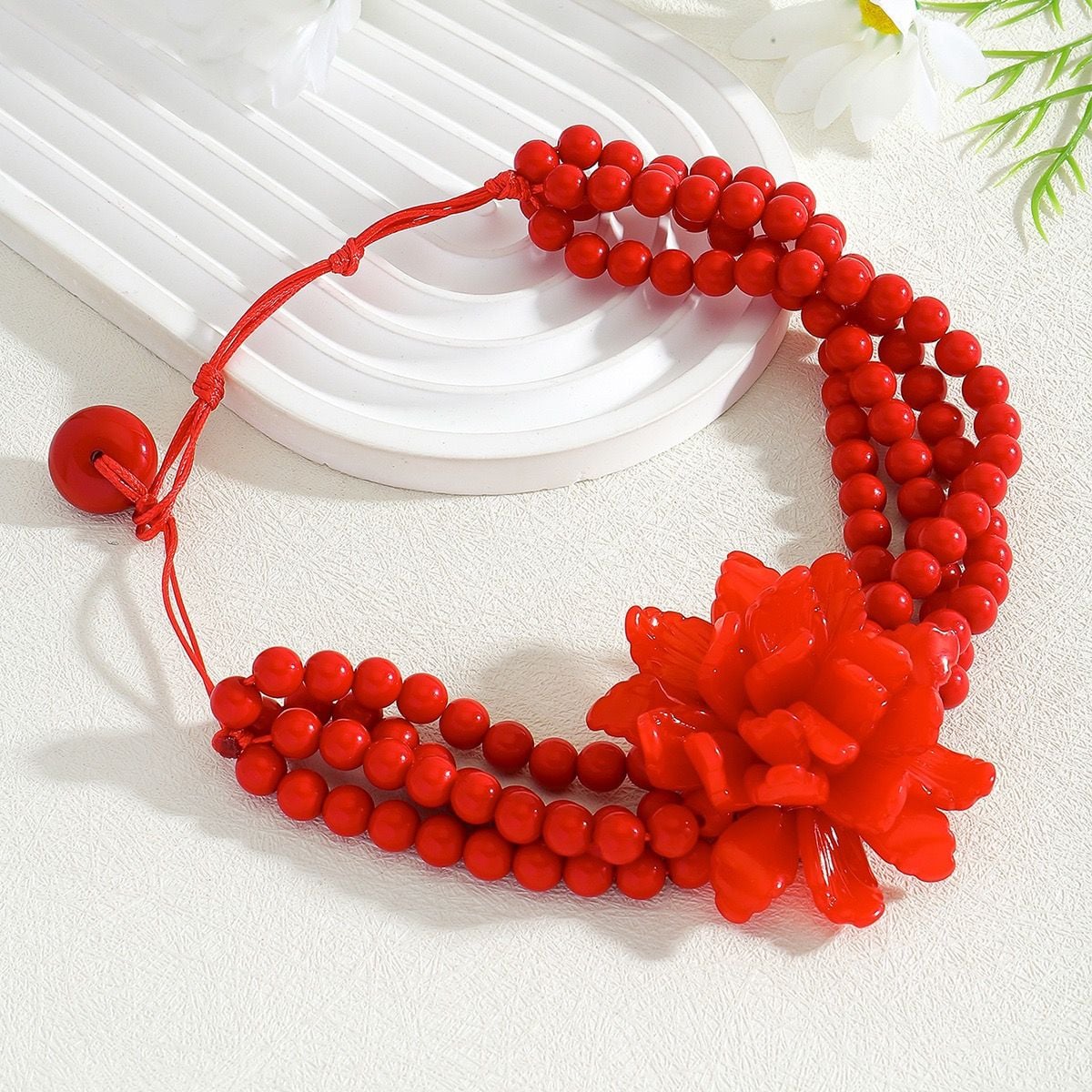 Red Multi-Strand Beaded Flower Statement Choker Necklace 6