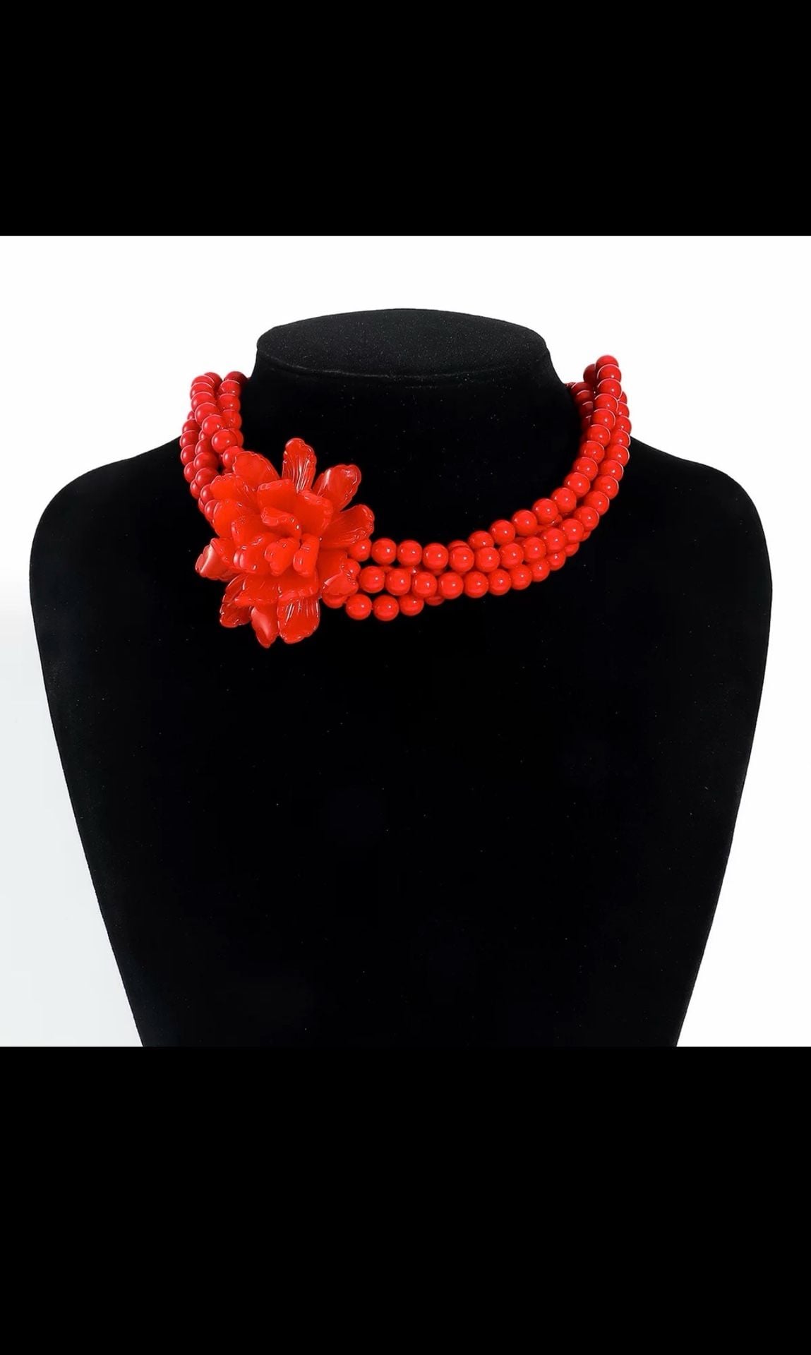 Red Multi-Strand Beaded Flower Statement Choker Necklace 10