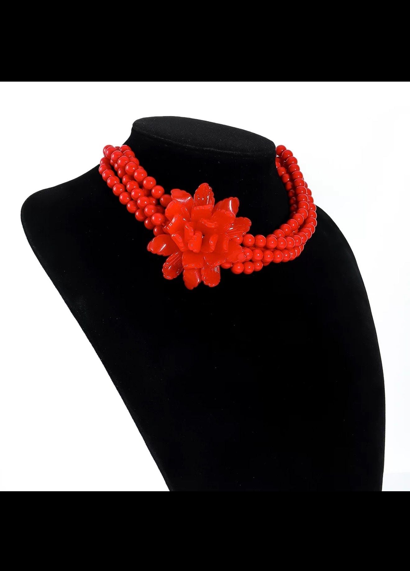 Red Multi-Strand Beaded Flower Statement Choker Necklace 11