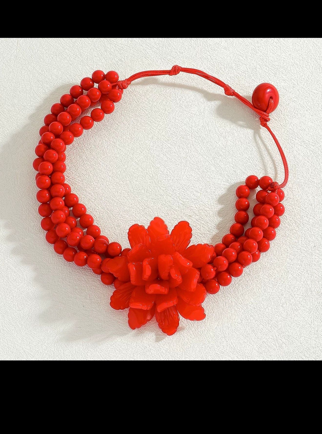 Red Multi-Strand Beaded Flower Statement Choker Necklace 12